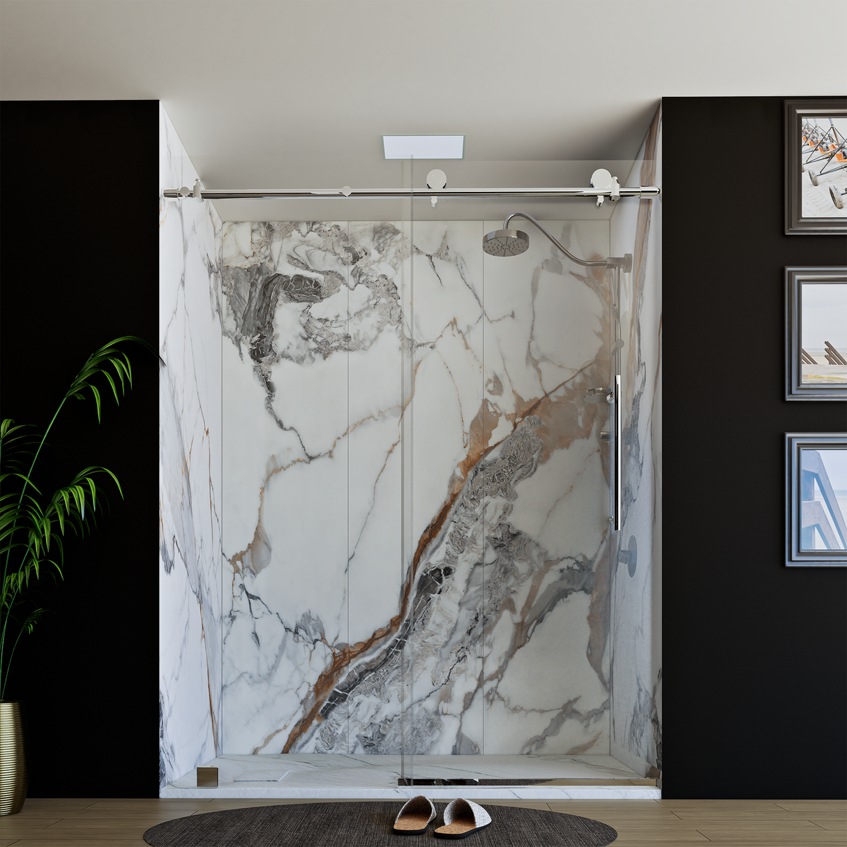 60" x 76" Frameless Shower Door with Chrome - Solid Surface Shower Base Tray - Shower Kit with covered drain - and 5pc Shower Wall System