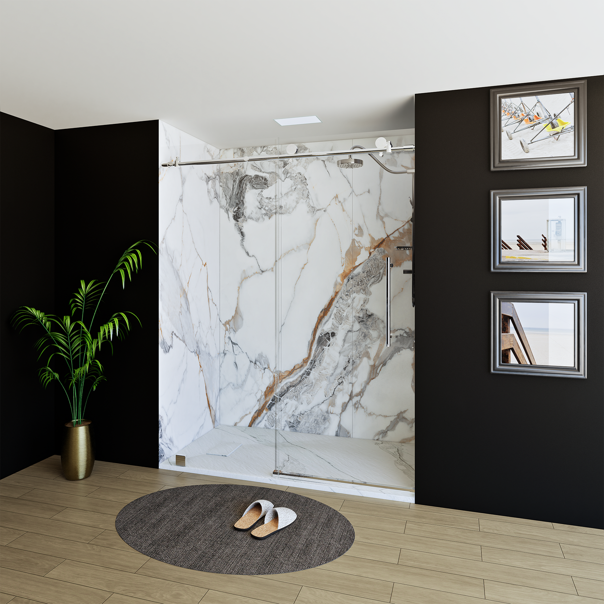 60" x 76" Frameless Shower Door with Chrome - Solid Surface Shower Base Tray - Shower Kit with covered drain - and 5pc Shower Wall System