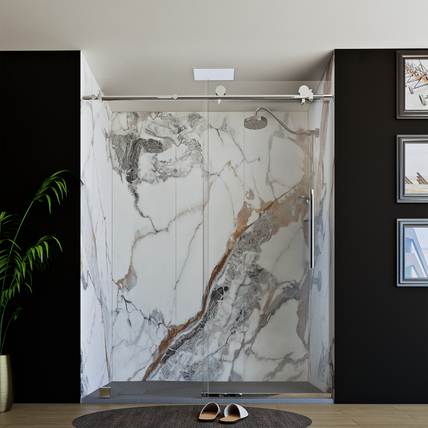 60" x 76" Frameless Shower Door with Chrome - Solid Surface Shower Base Tray - Shower Kit with covered drain - and 5pc Shower Wall System
