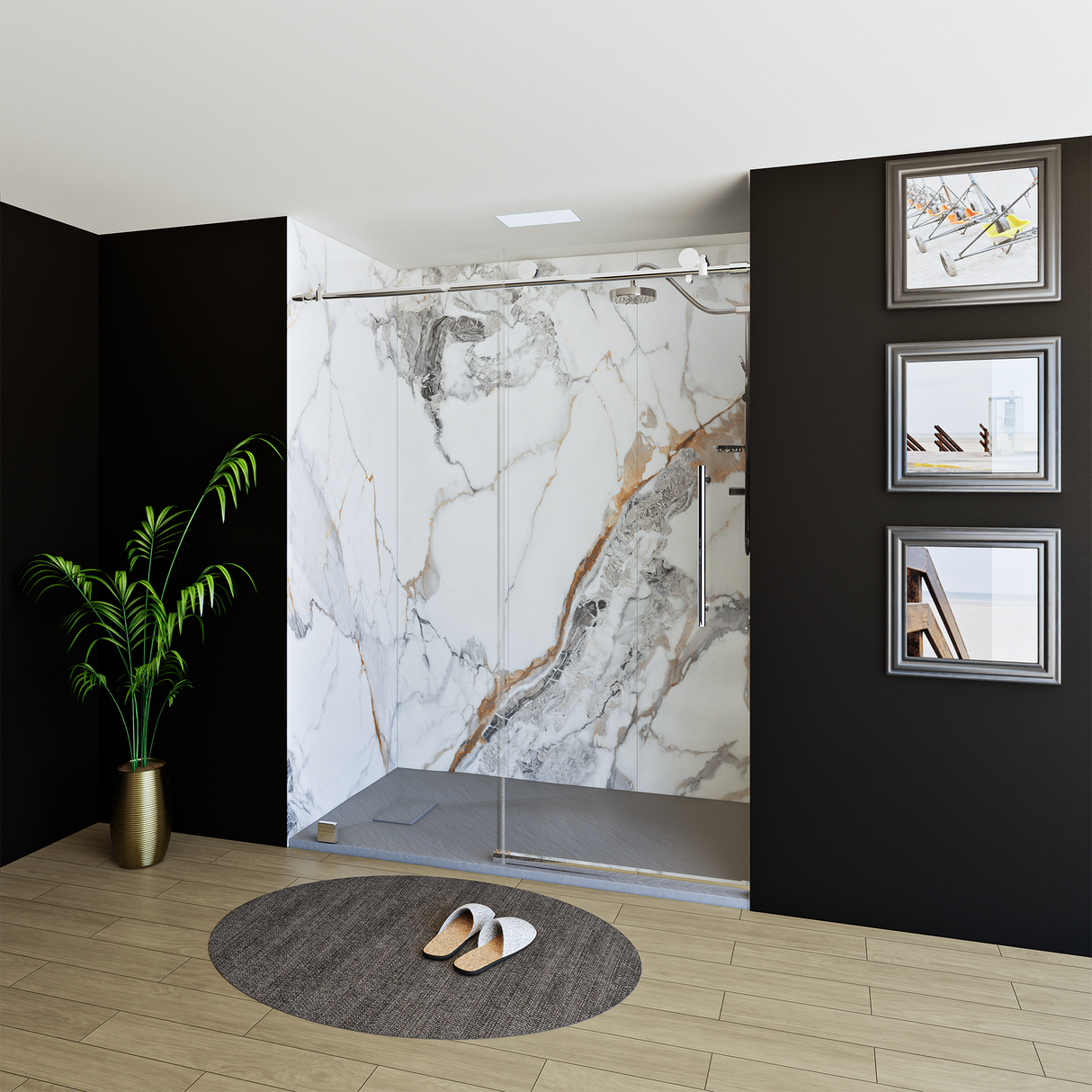 60" x 76" Frameless Shower Door with Chrome - Solid Surface Shower Base Tray - Shower Kit with covered drain - and 5pc Shower Wall System