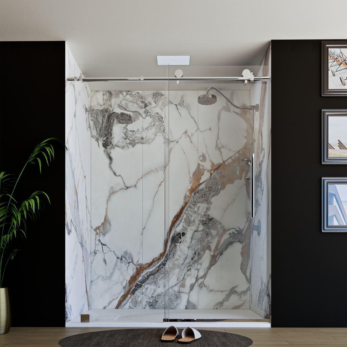 60" x 76" Frameless Shower Door with Chrome - Solid Surface Shower Base Tray - Shower Kit with covered drain - and 5pc Shower Wall System