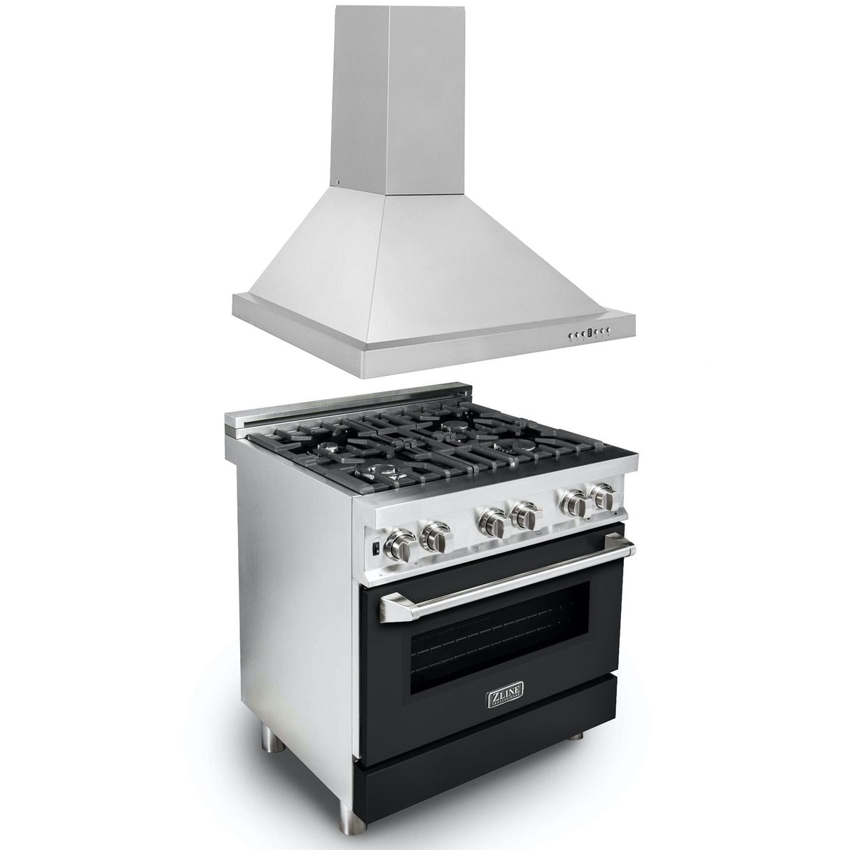 ZLINE 30 in. Kitchen Package with Stainless Steel Dual Fuel Range with Black Matte Door and Convertible Vent Range Hood (2KP-RABLMRH30)