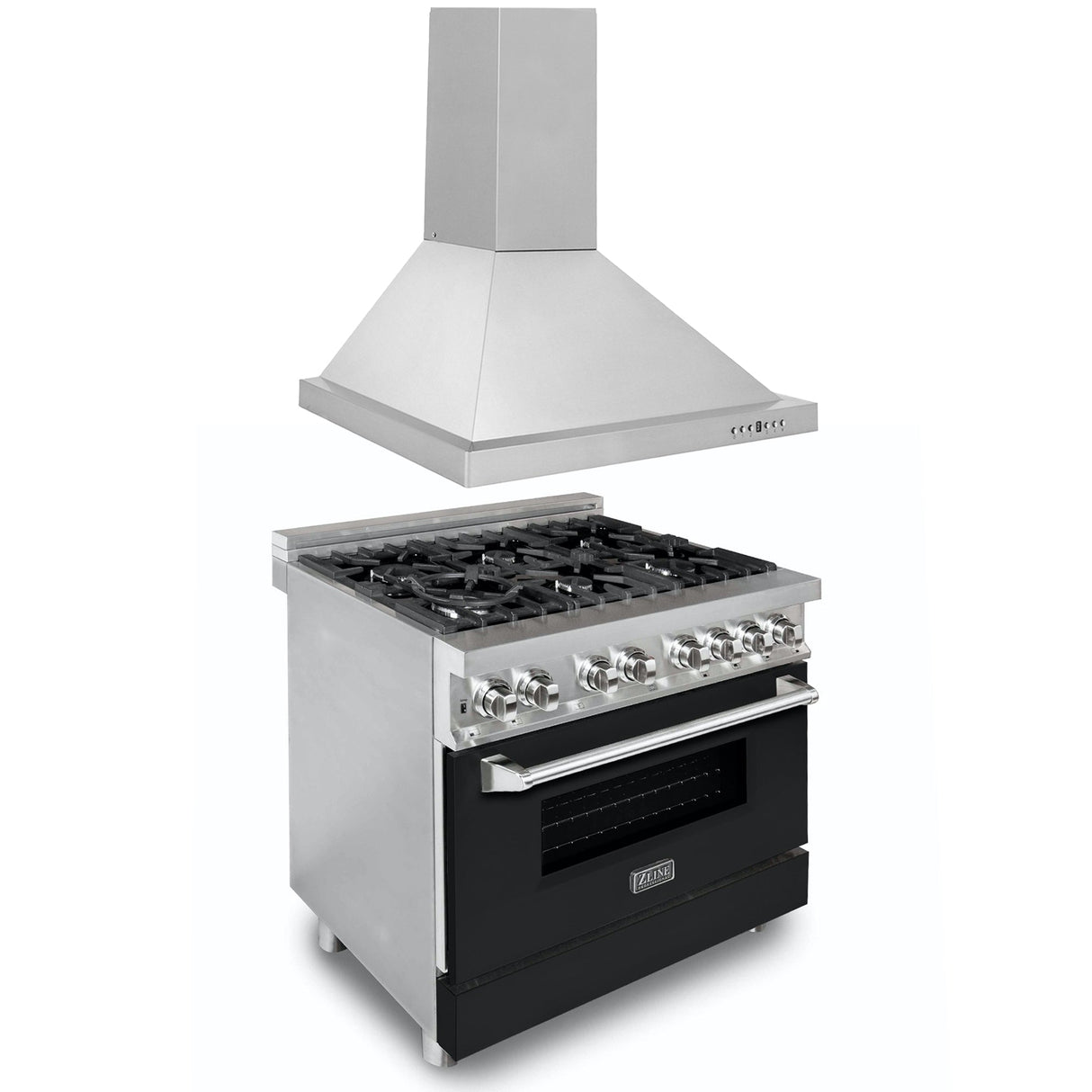 ZLINE 36 in. Kitchen Package with Stainless Steel Dual Fuel Range with Black Matte Door and Convertible Vent Range Hood (2KP-RABLMRH36)