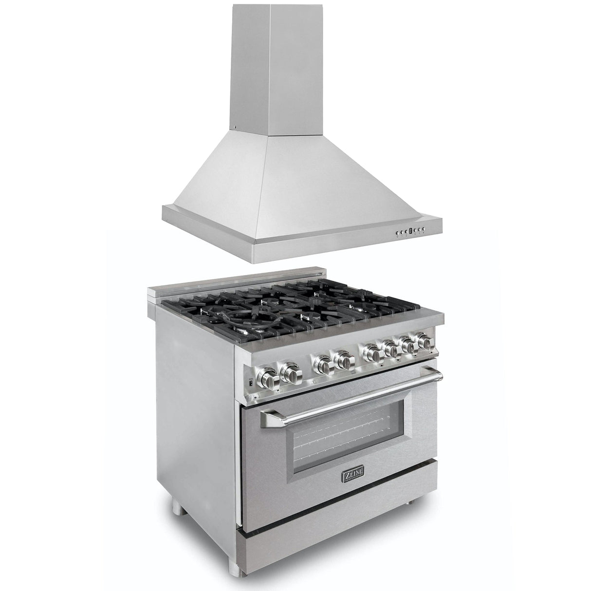 ZLINE 36 in. Kitchen Package with Satin Stainless Steel Dual Fuel Range and Convertible Vent Range Hood