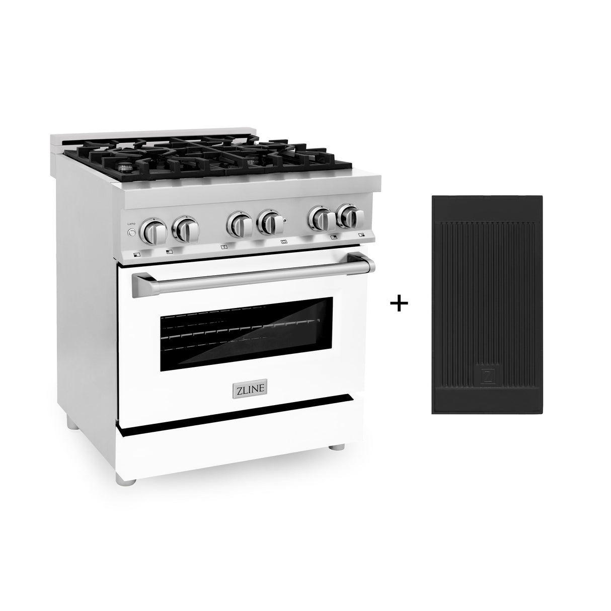 ZLINE 30 in. 4.0 cu. ft. Legacy Dual Fuel Range with 4 Burner Gas Cooktop and Electric Convection Oven in Stainless Steel with Griddle and White Matte Door (RA-WM-GR-30)