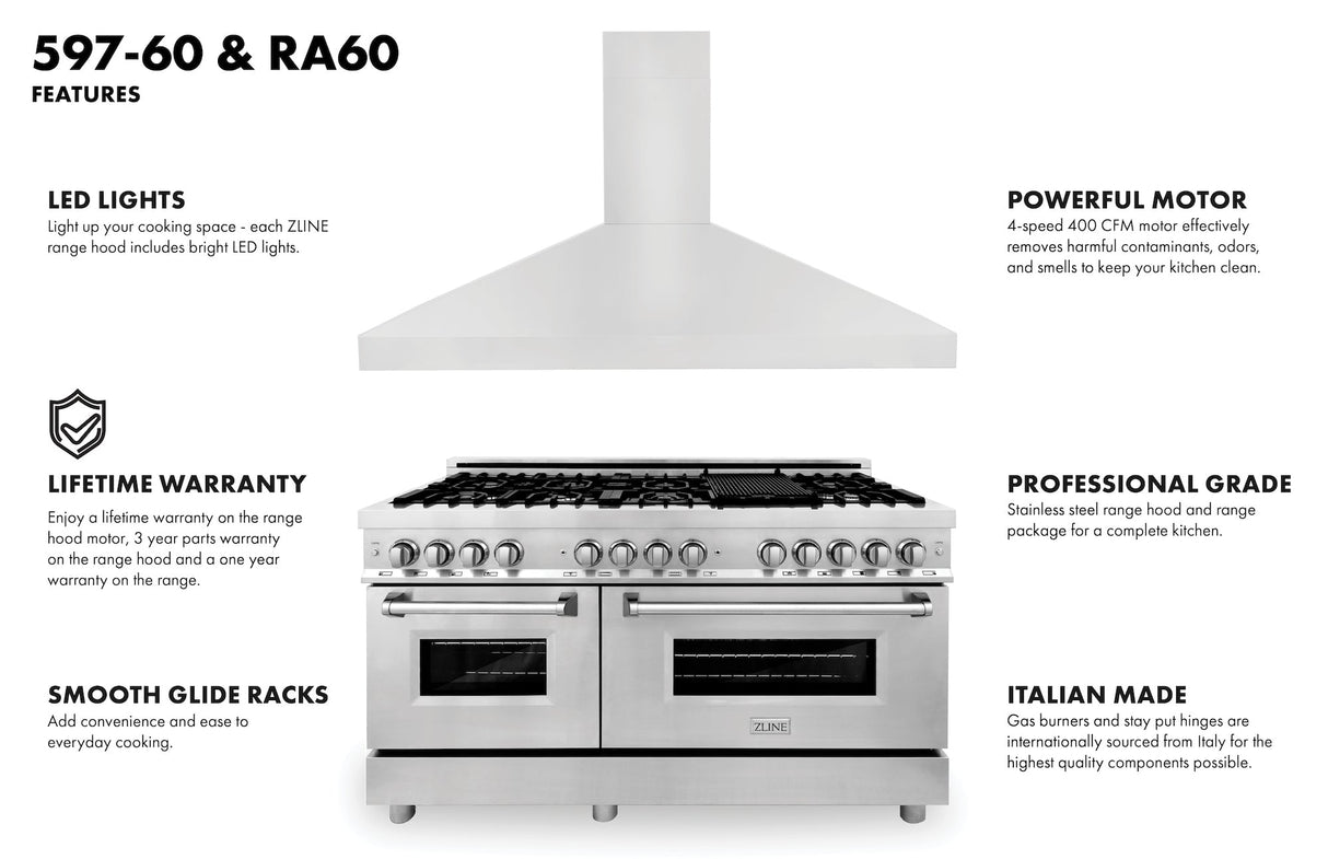 ZLINE 60 in. Kitchen Package with Stainless Steel Dual Fuel Range and Convertible Vent Range Hood (2KP-RARH60)