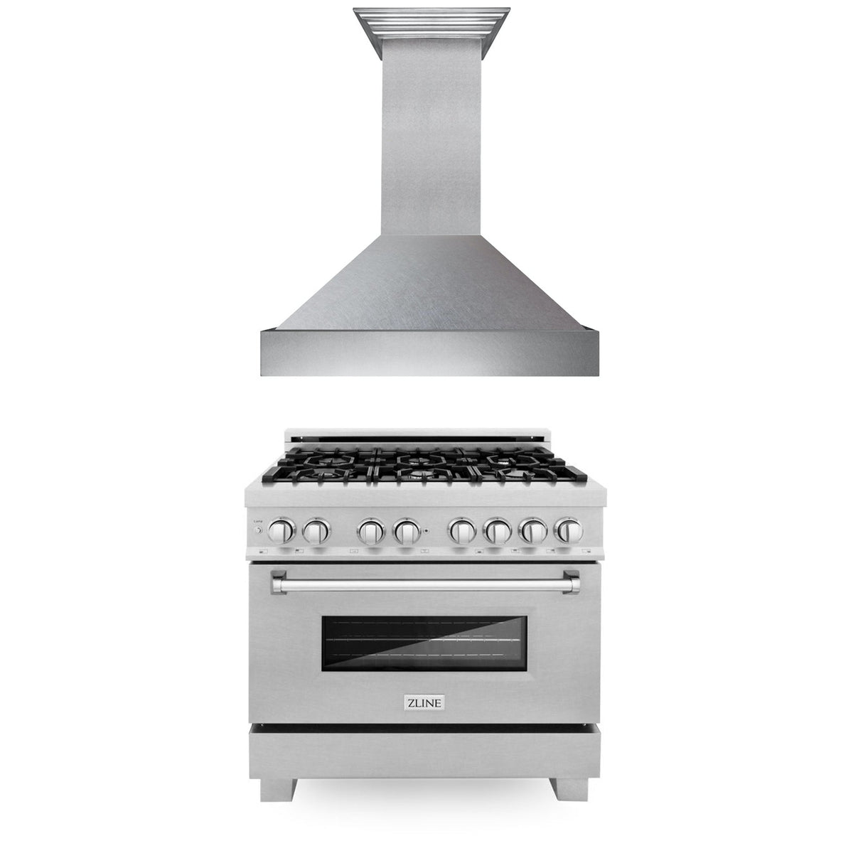 ZLINE 36 in. Kitchen Package with Satin Stainless Steel Dual Fuel Range and Convertible Vent Range Hood