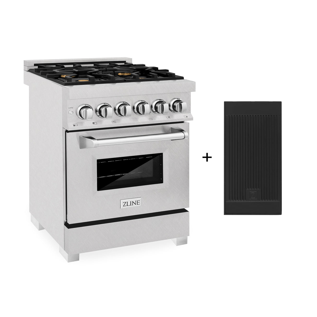 ZLINE 24 in. 2.8 cu. ft. Legacy Dual Fuel Range with Gas Cooktop and Electric Convection Oven in Satin Stainless Steel with 4 Brass Burners and Griddle (RAS-SN-BR-GR-24)
