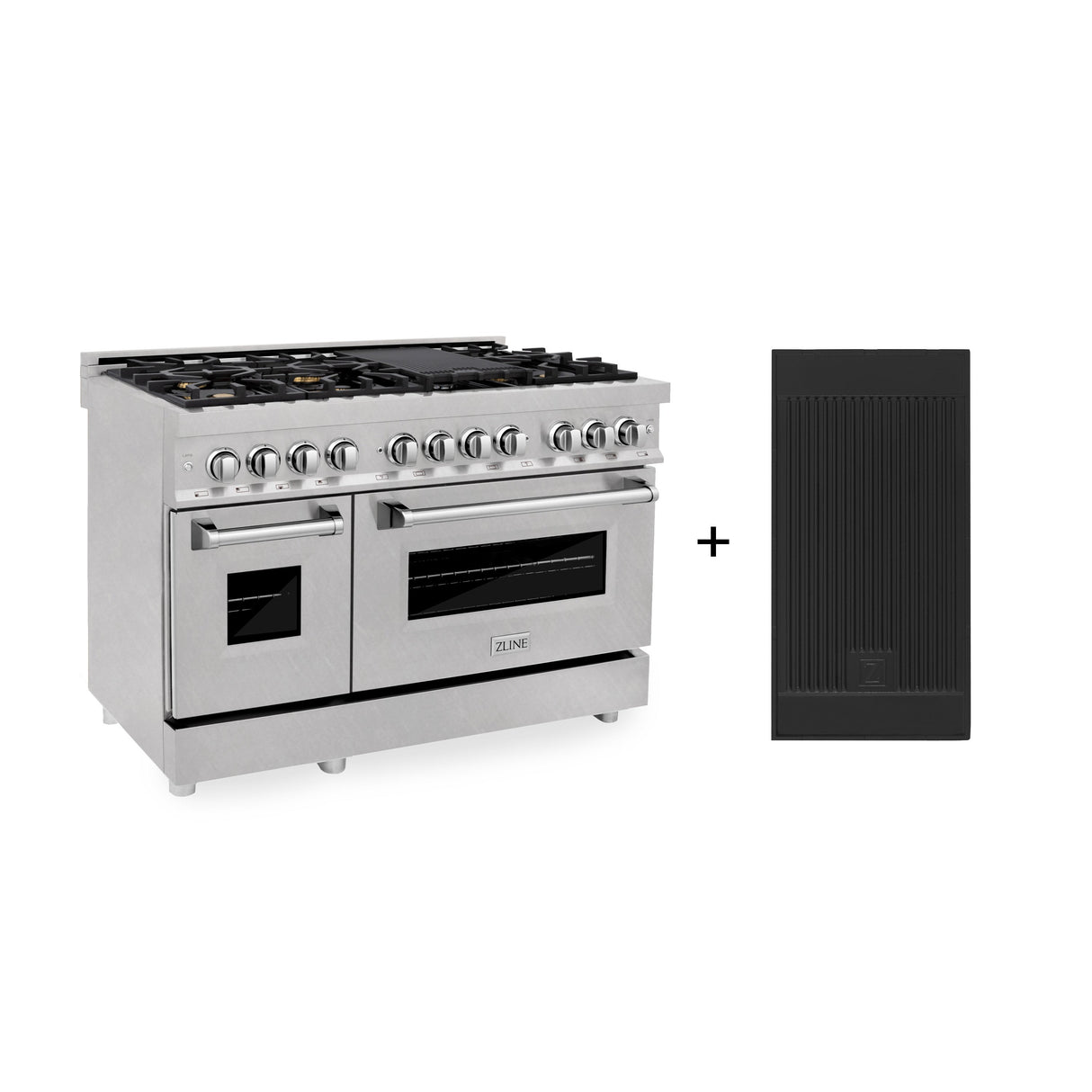 ZLINE 48 in. 6.0 cu. ft. Legacy Dual Fuel Range with Gas Cooktop and 2 Electric Ovens in Satin Stainless Steel with 6 Brass Burners and Griddle (RAS-SN-BR-GR-48)