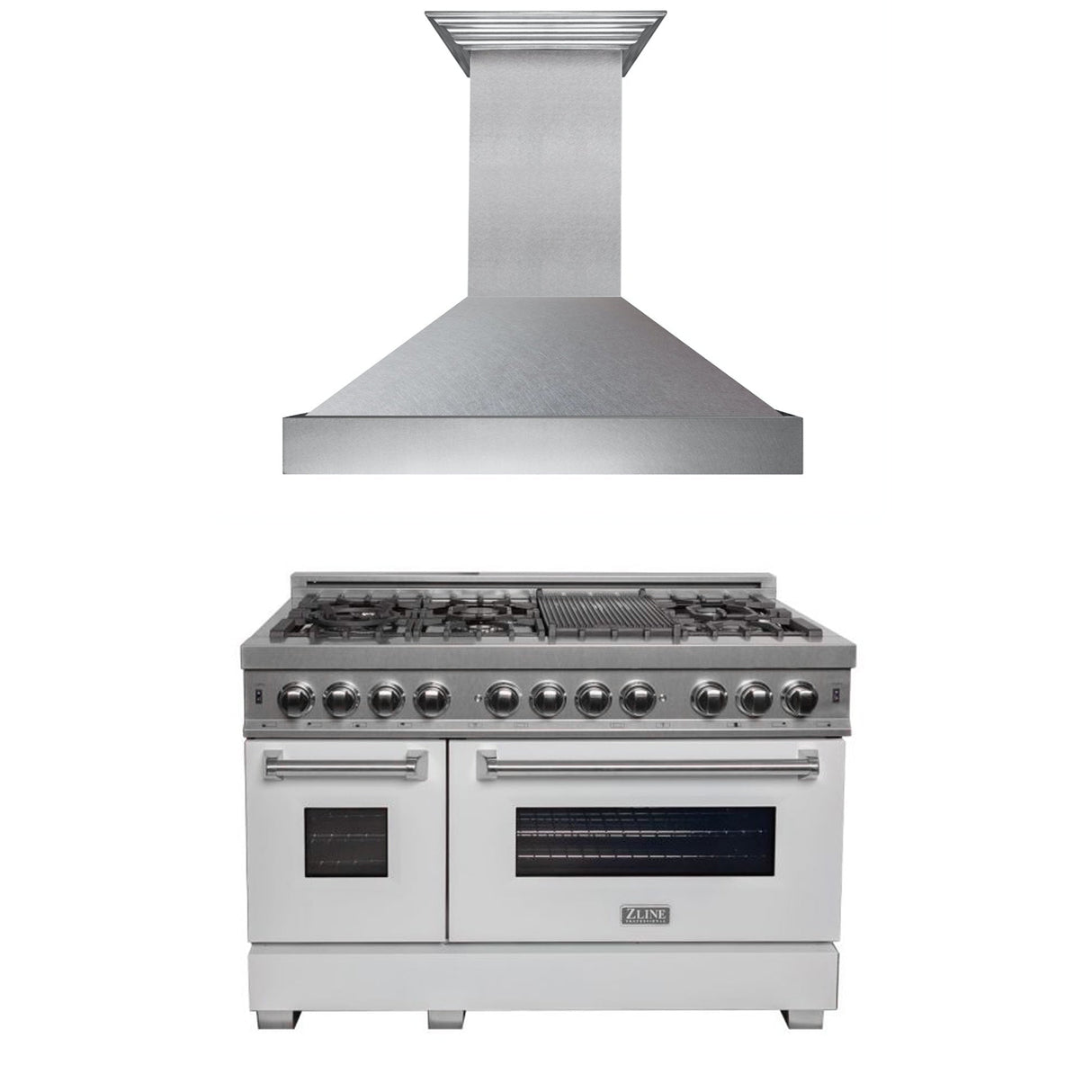ZLINE 48 in. Kitchen Package with Satin Stainless Steel Dual Fuel Range with White Matte Door and Convertible Vent Range Hood