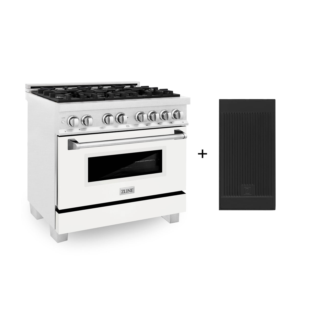 ZLINE 36 in. 4.6 cu. ft. Legacy Dual Fuel Range with 6 Burner Gas Cooktop and Electric Convection Oven in Satin Stainless Steel with White Matte Door and Griddle (RAS-WM-GR-36)