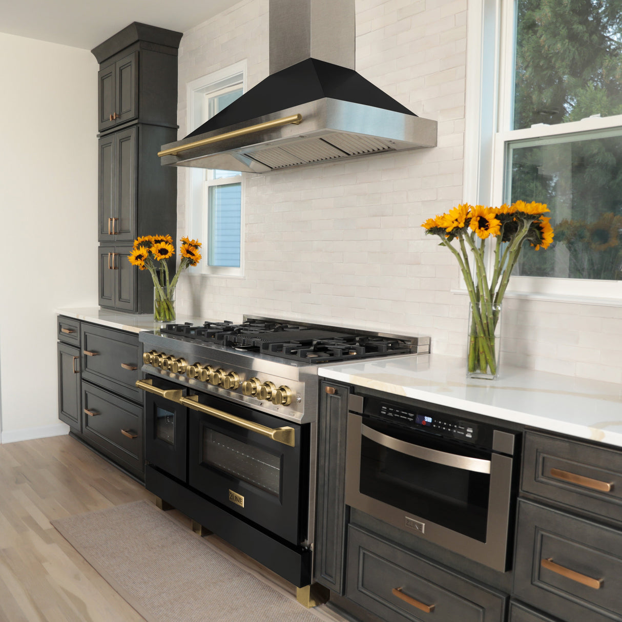 ZLINE Autograph Edition 48 in. 6.0 cu. ft. Legacy Dual Fuel Range with 7 Burner Gas Cooktop and 2 Electric Ovens in Satin Stainless Steel with Black Matte Doors and Polished Gold Accents (RASZ-BLM-48-G)