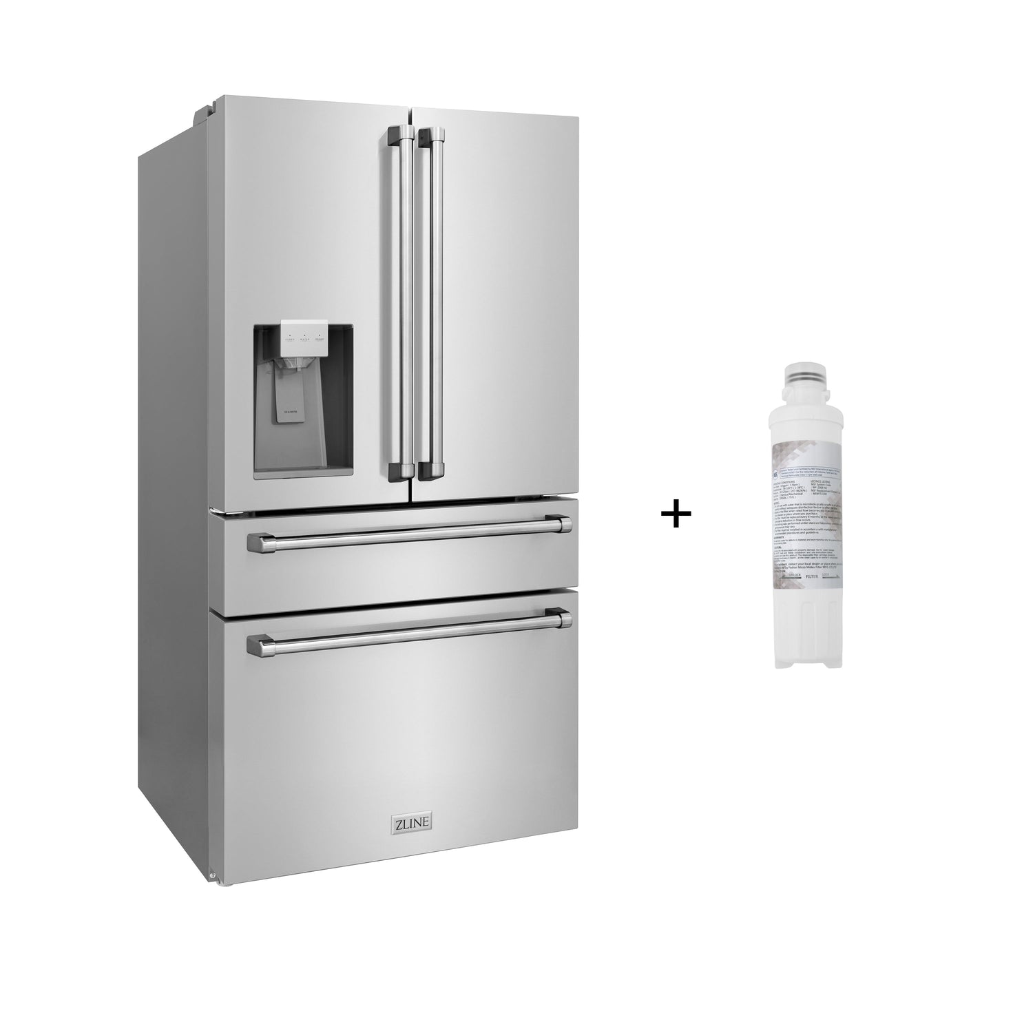 ZLINE 36 in. 21.6 cu. ft. Counter-Depth French Door Refrigerator with Water and Ice Dispenser with Extra Water Filter in Fingerprint-Resistant Stainless Steel (RFM-W-WF-36)