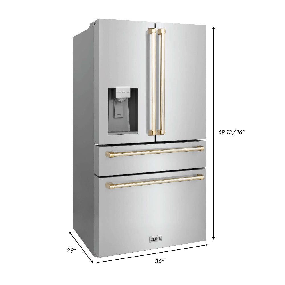 ZLINE Autograph Edition 30 in. Kitchen Package with Stainless Steel Dual Fuel Range, Range Hood, Dishwasher, and Refrigerator with External Water Dispenser with Polished Gold Accents (4AKPR-RARHDWM30-G)