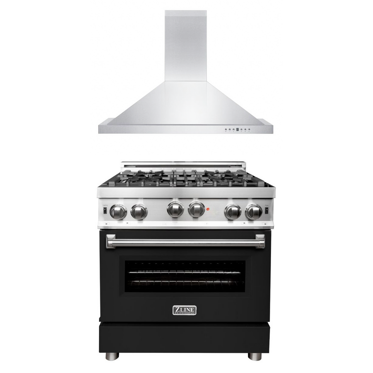 ZLINE 30 in. Kitchen Package with Stainless Steel Gas Range with Black Matte Door and Convertible Vent Range Hood (2KP-RGBLMRH30)