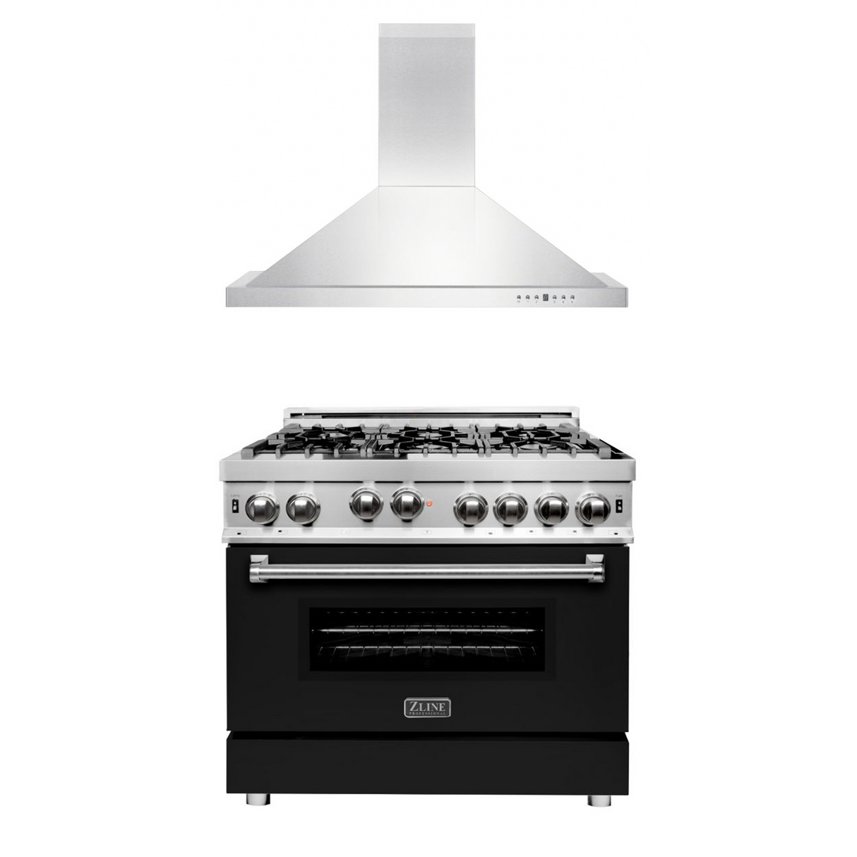ZLINE 36 in. Kitchen Package with Stainless Steel Gas Range with Black Matte Door and Convertible Vent Range Hood (2KP-RGBLMRH36)