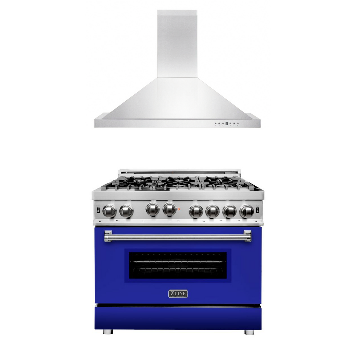ZLINE 36 in. Kitchen Package with Stainless Steel Gas Range with Blue Matte Door and Convertible Vent Range Hood (2KP-RGBMRH36)