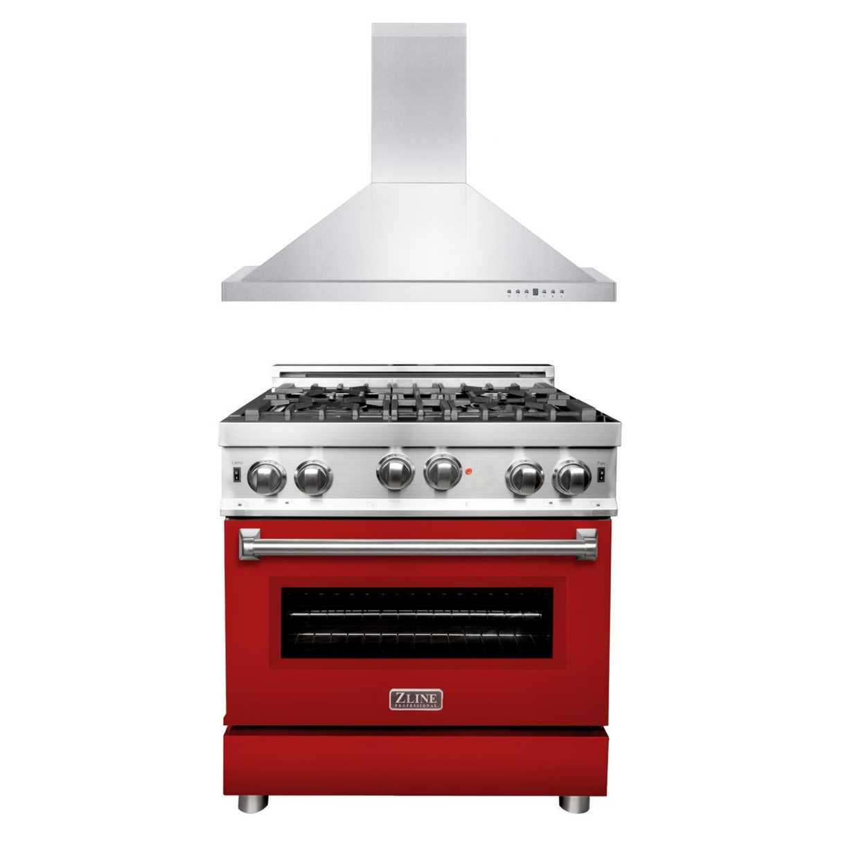 ZLINE 30 in. Kitchen Package with Stainless Steel Gas Range with Red Gloss Door and Convertible Vent Range Hood (2KP-RGRMRH30)