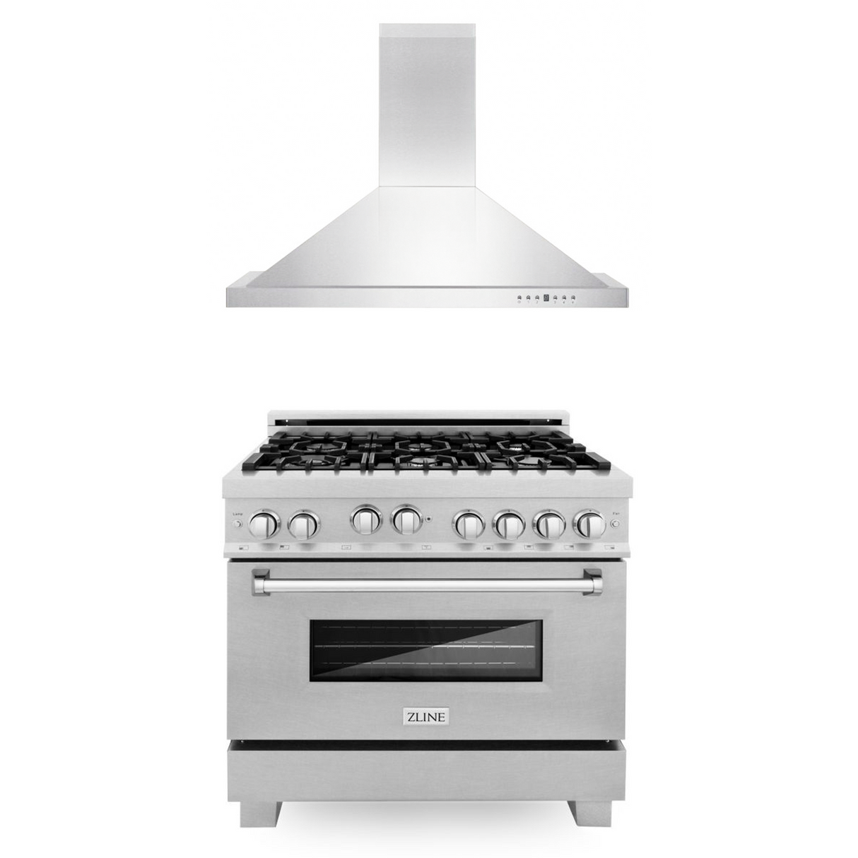ZLINE 36 in. Kitchen Package with Stainless Steel Gas Range with DuraSnow Door and Convertible Vent Range Hood (2KP-RGSNRH36)