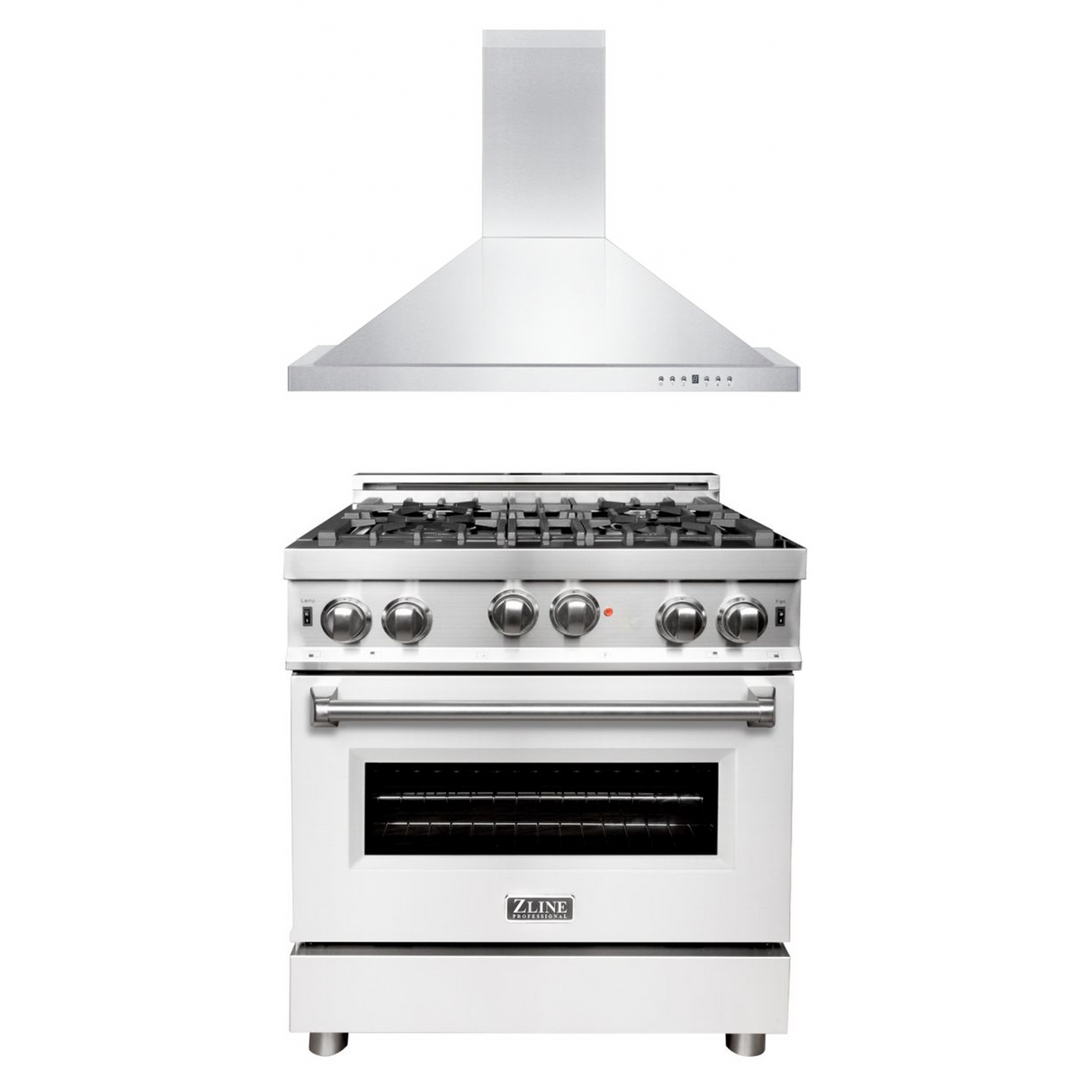 ZLINE 30 in. Kitchen Package with Stainless Steel Gas Range with White Matte Door and Convertible Vent Range Hood (2KP-RGWMRH30)