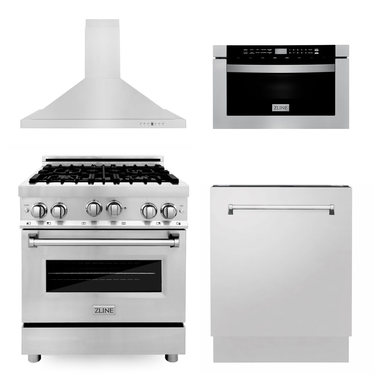 ZLINE 30 in. Kitchen Package with Stainless Steel Gas Range, Range Hood, Microwave Drawer and Tall Tub Dishwasher (4KP-RGRH30-MWDWV)