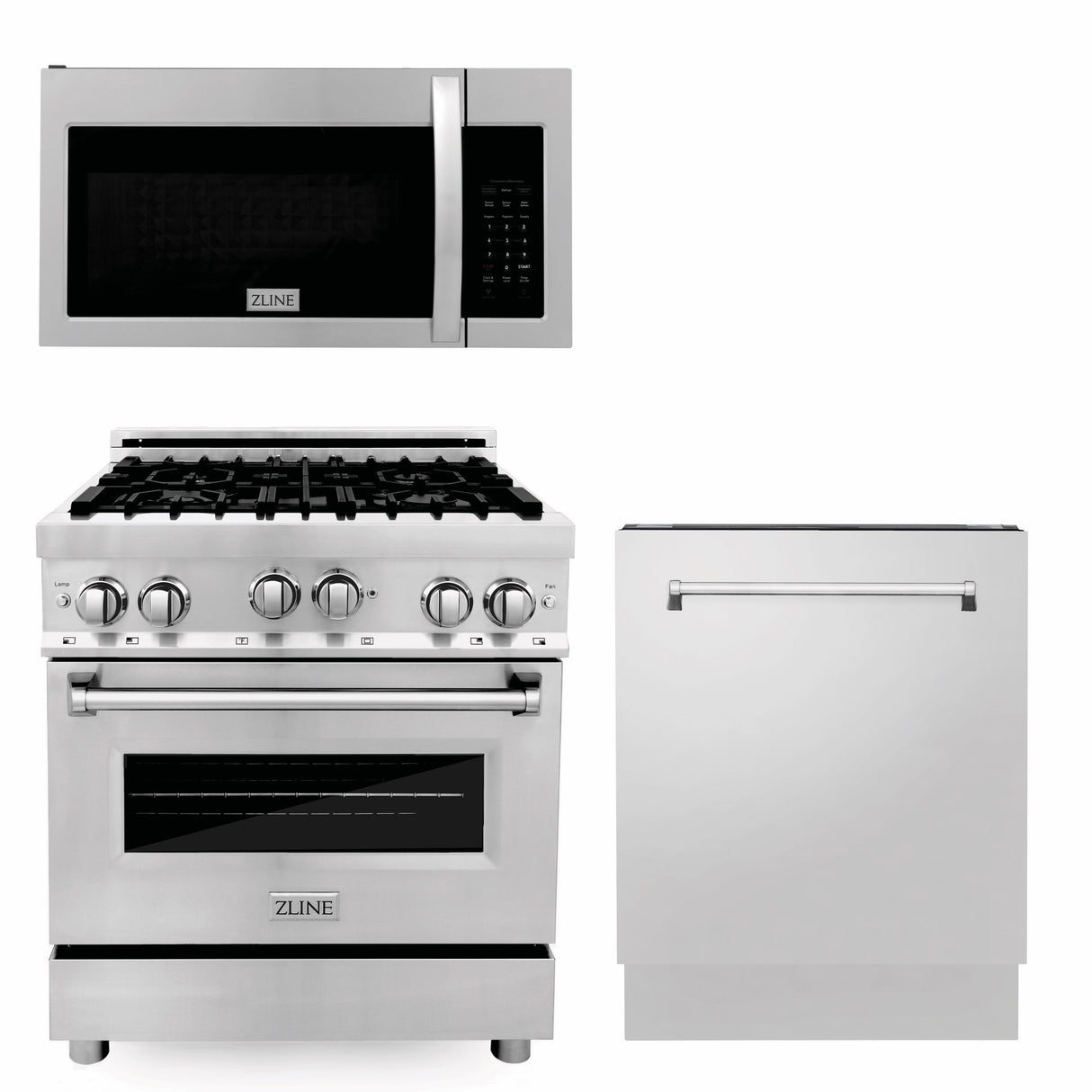 ZLINE 30 in. Kitchen Package with Stainless Steel Gas Range, Modern Over The Range Microwave and Tall Tub Dishwasher (3KP-RGOTR30-DWV)