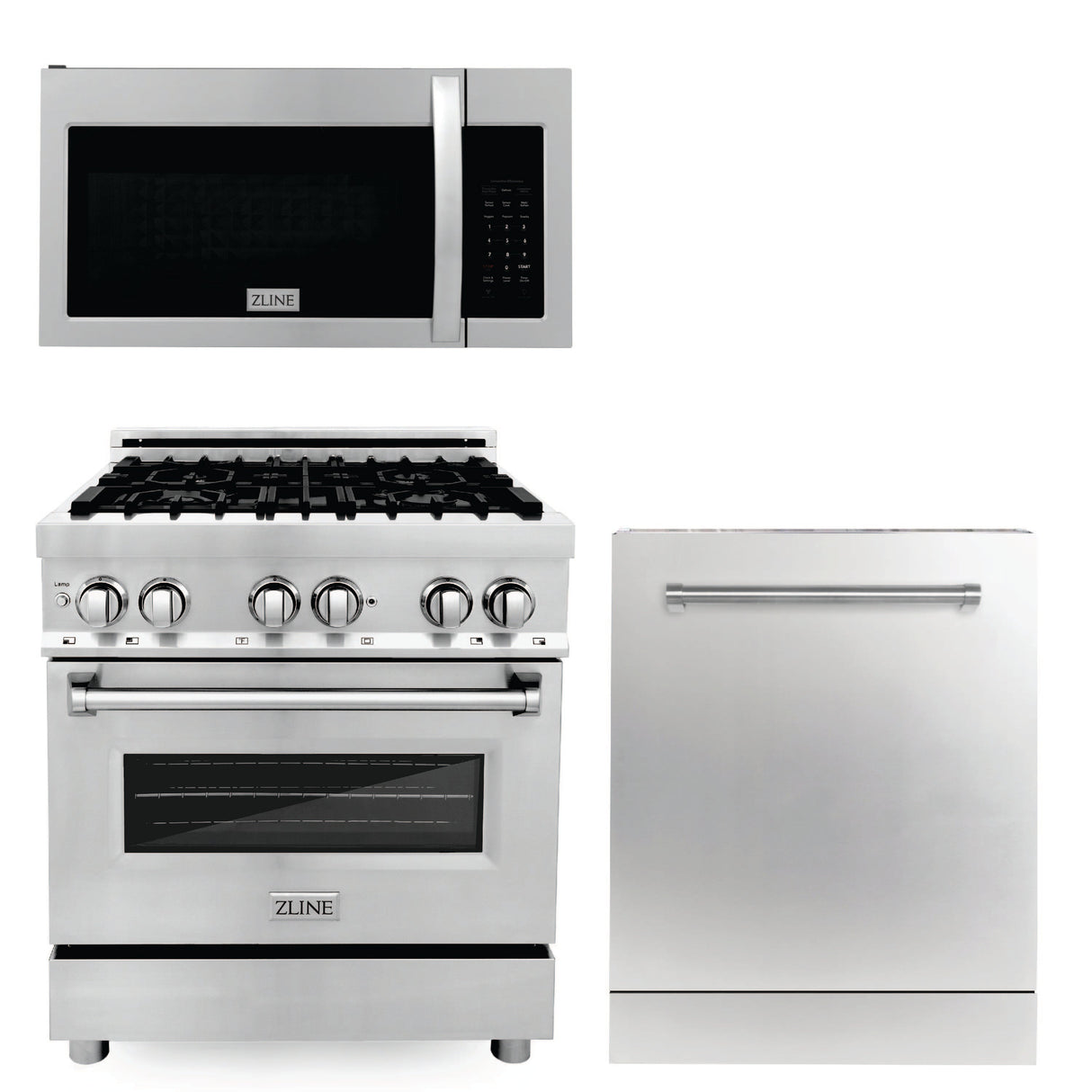 ZLINE 30 in. Kitchen Package with Stainless Steel Gas Range, Modern Over The Range Microwave and Dishwasher (3KP-RGOTR30-DW)