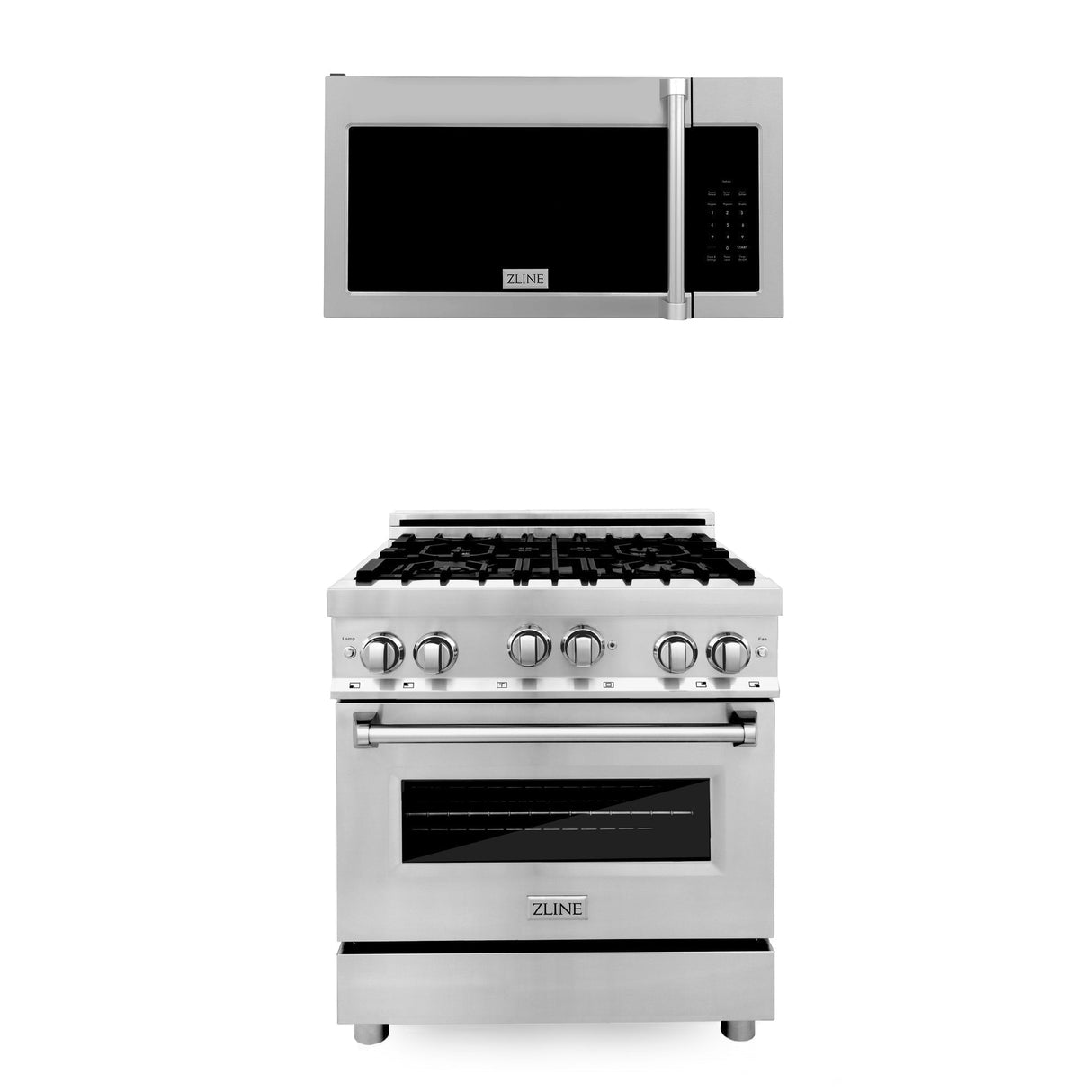 ZLINE 30 in. Kitchen Package Stainless Steel Gas Range and Over The Range Microwave with Traditional Handle (2KP-RGOTRH30)