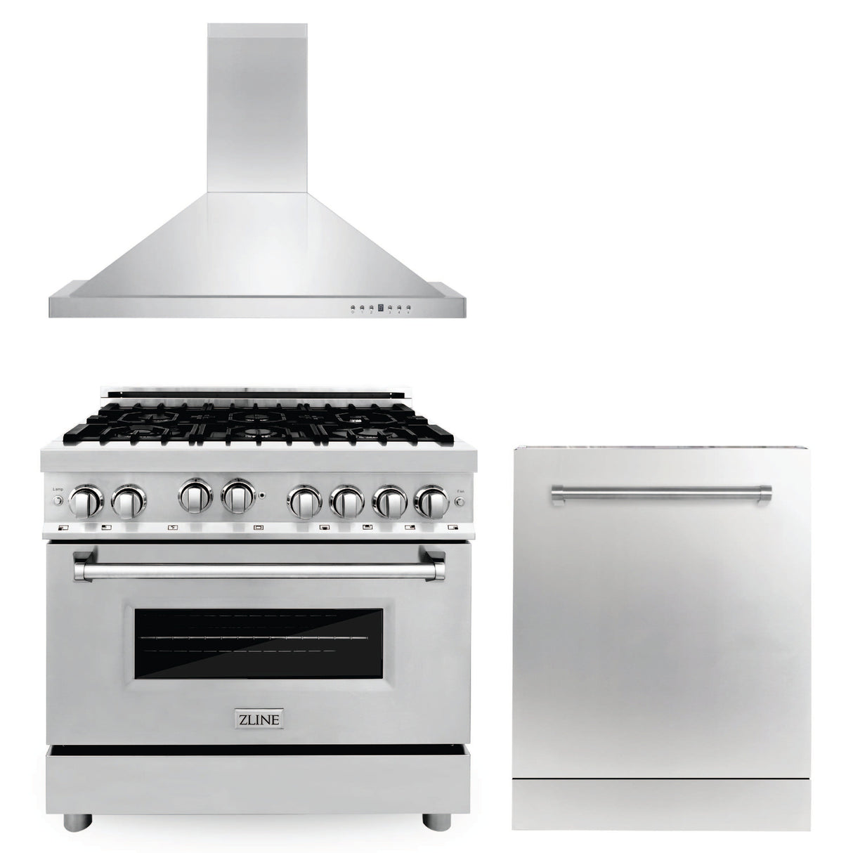 ZLINE 36 in. Kitchen Package with Stainless Steel Gas Range, Convertible Vent Range Hood and Dishwasher (3KP-RGRH36-DW)