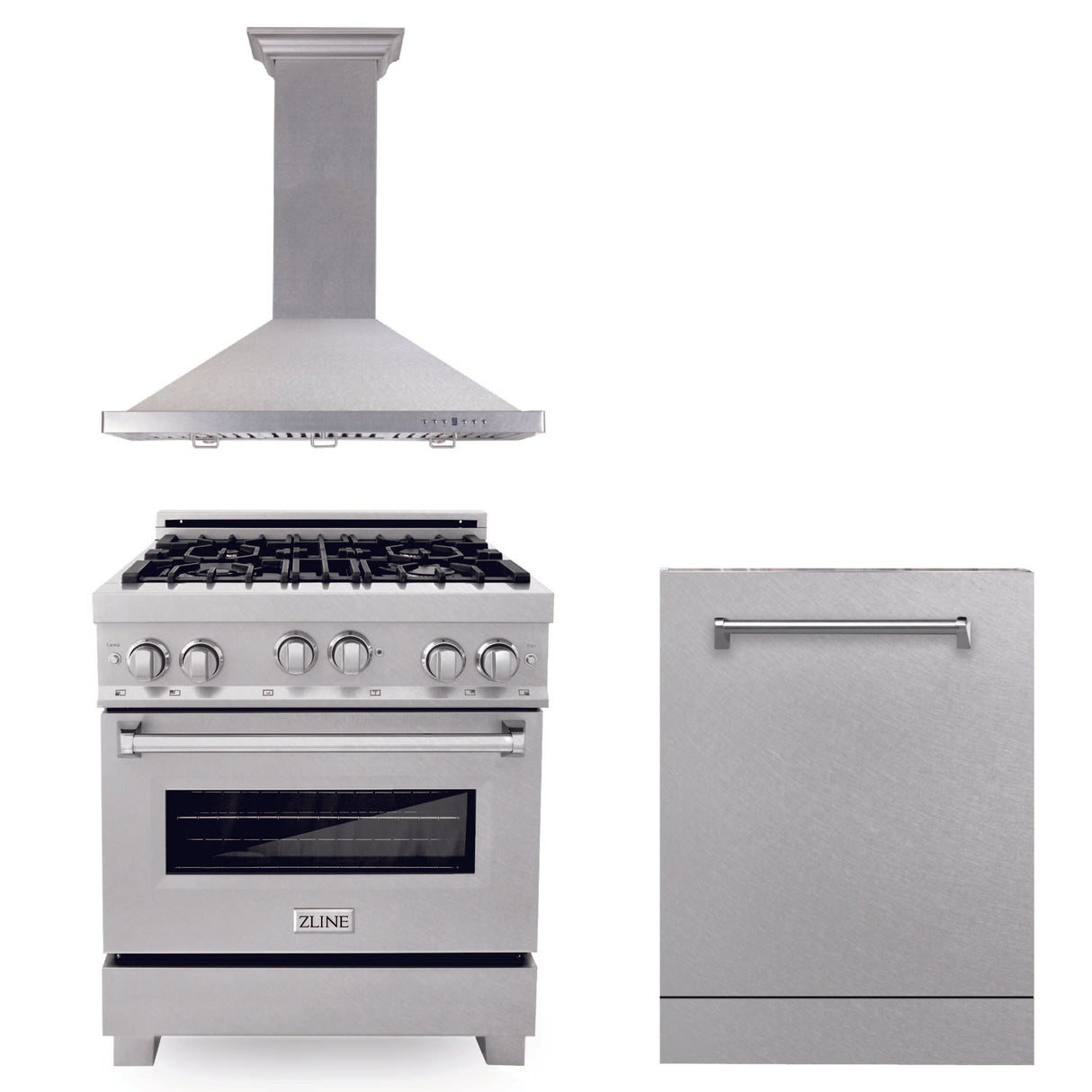 ZLINE 30 in. Kitchen Package with Stainless Steel Gas Range, Convertible Vent Range Hood and Dishwasher (3KP-RGRH30-DW)