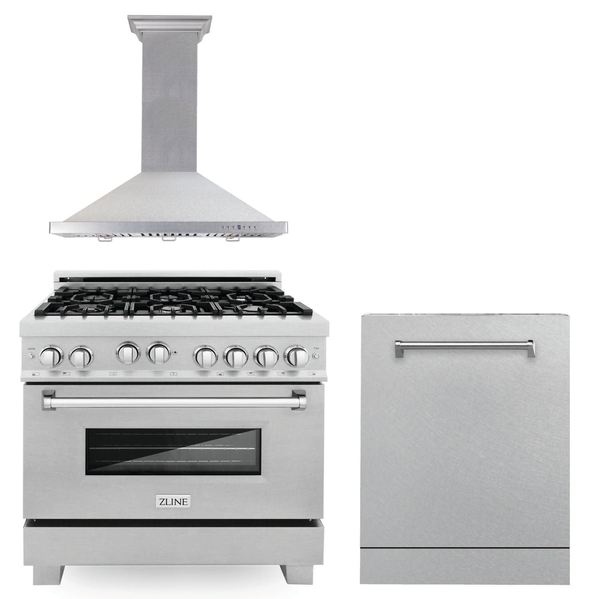 ZLINE 36 in. Kitchen Package with DuraSnow Stainless Steel Gas Range, Ducted Range Hood and Dishwasher (3KP-RGSRH36-DW)