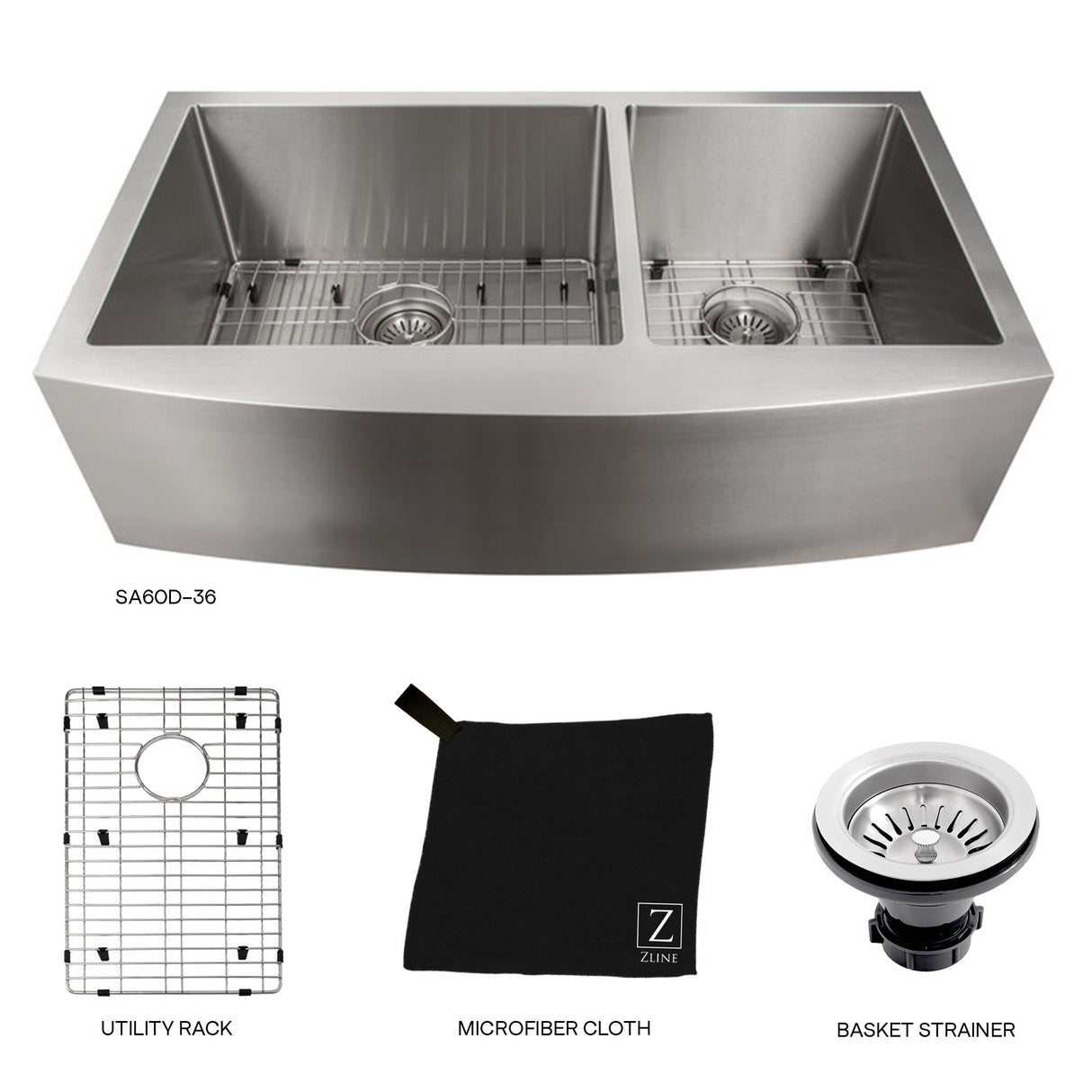ZLINE 36 in. Courchevel Farmhouse Apron Mount Double Bowl Stainless Steel Kitchen Sink with Bottom Grid (SA60D-36)