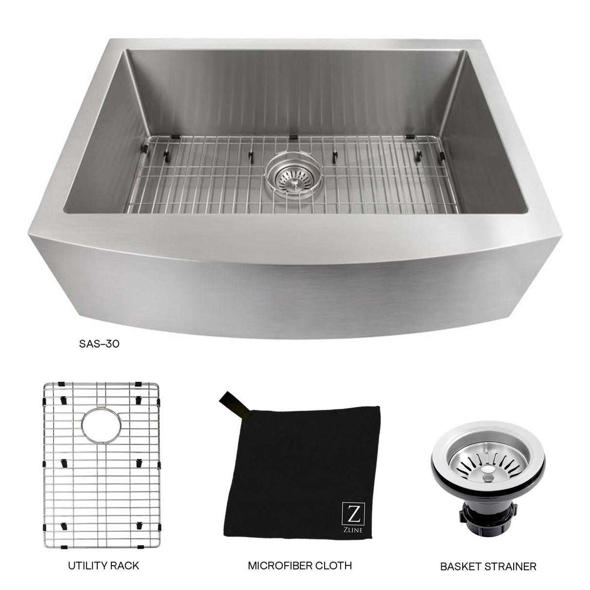 ZLINE 30 in. Zermatt Farmhouse Apron Mount Single Bowl Stainless Steel Kitchen Sink with Bottom Grid (SAS-30)