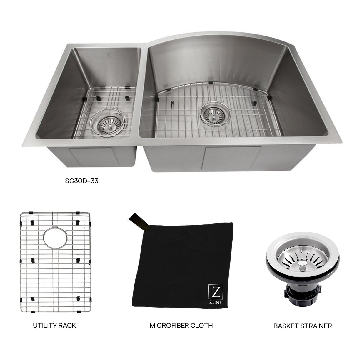 ZLINE 33 in. Aspen Undermount Double Bowl Stainless Steel Kitchen Sink with Bottom Grid (SC30D-33)