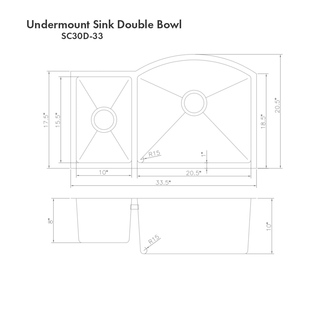 ZLINE 33 in. Aspen Undermount Double Bowl Stainless Steel Kitchen Sink with Bottom Grid (SC30D-33)