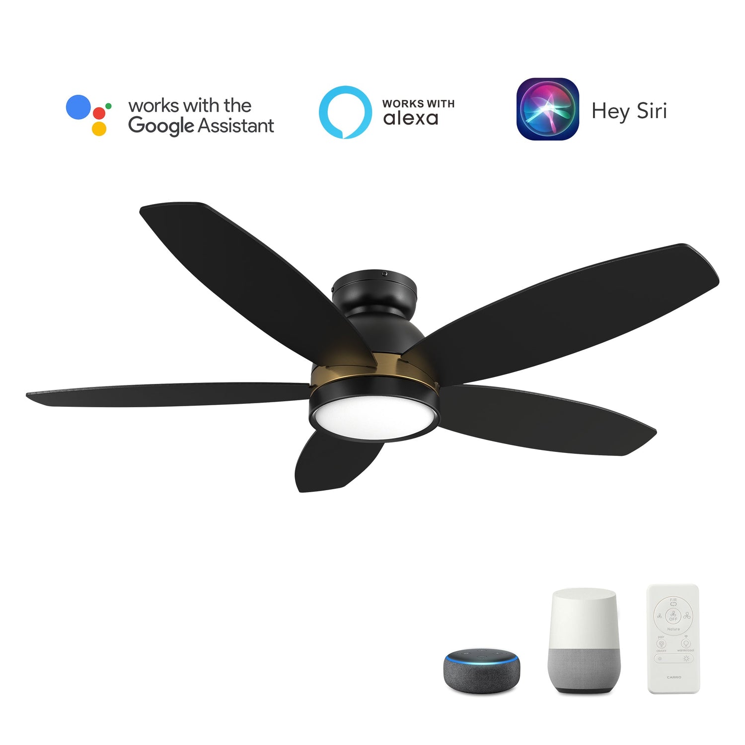 Granville 48 Inch 5 Blade Flush Mount Smart Ceiling Fan With Led Light Kit Remote Black Black Gold Detail