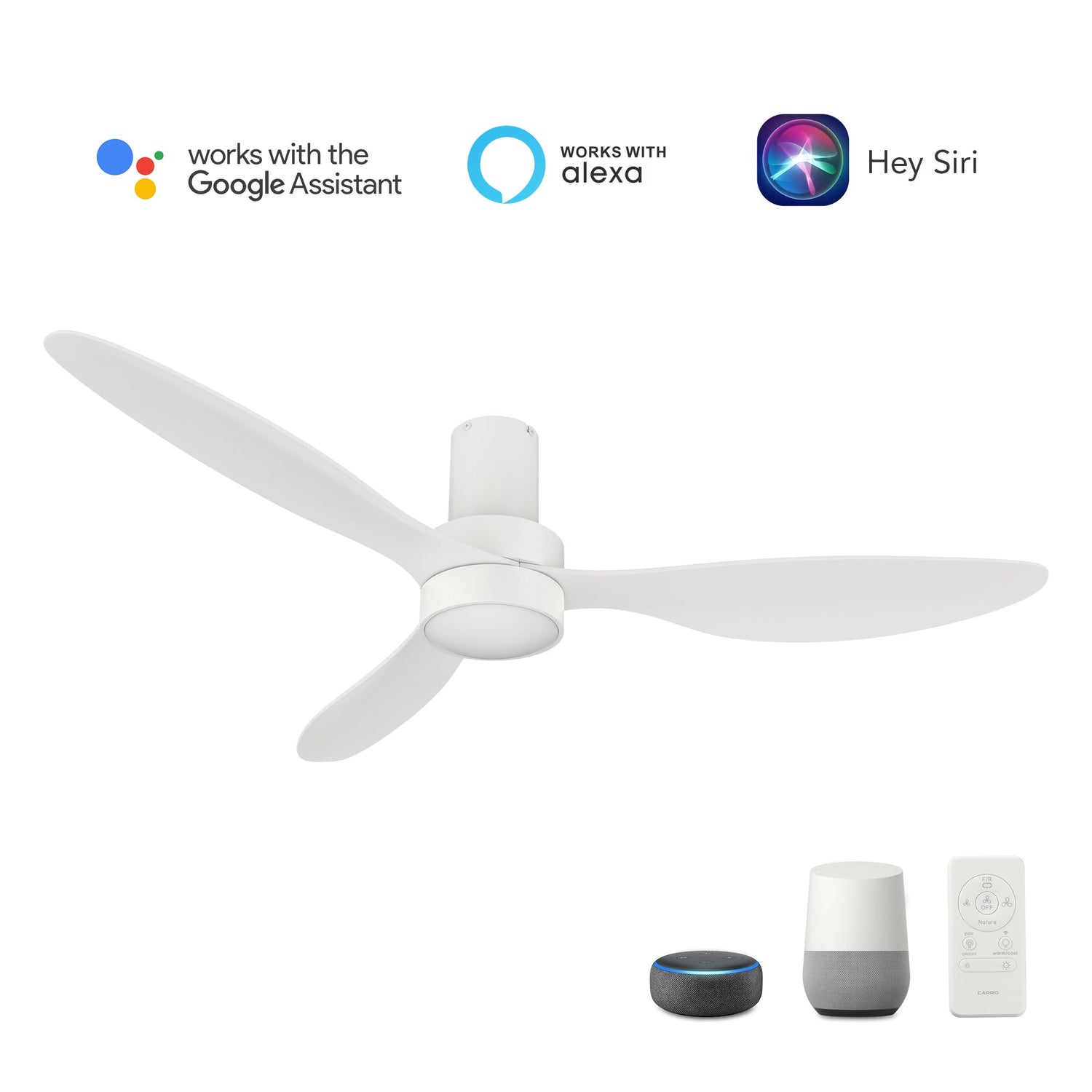 Aurora 52 Inch 3 Blade Flush Mount Smart Ceiling Fan With Led Light Kit Remote White White