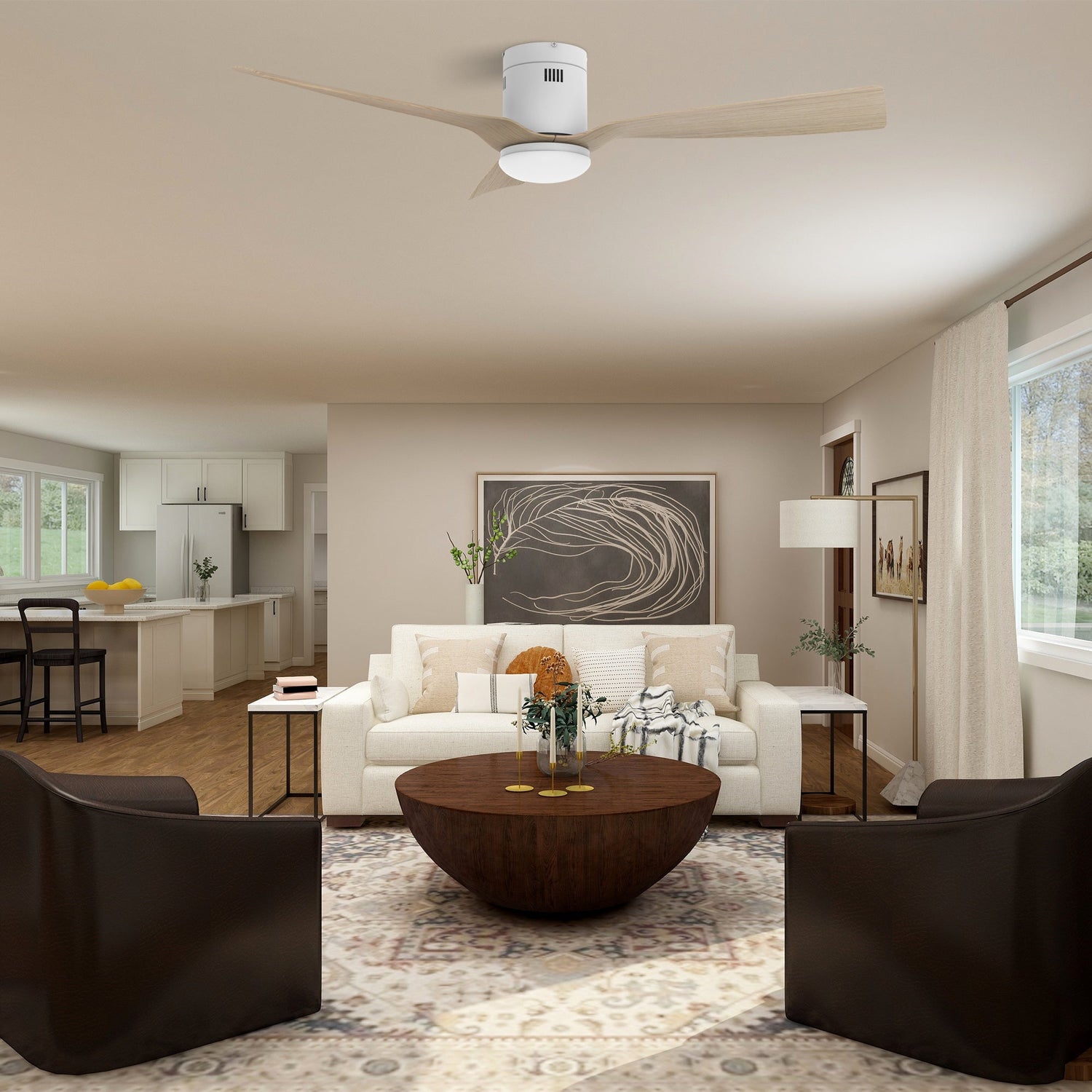 Spezia 52 Inch 3 Blade Flush Mount Smart Ceiling Fan With Led Light Kit Remote White Bamboo Wood