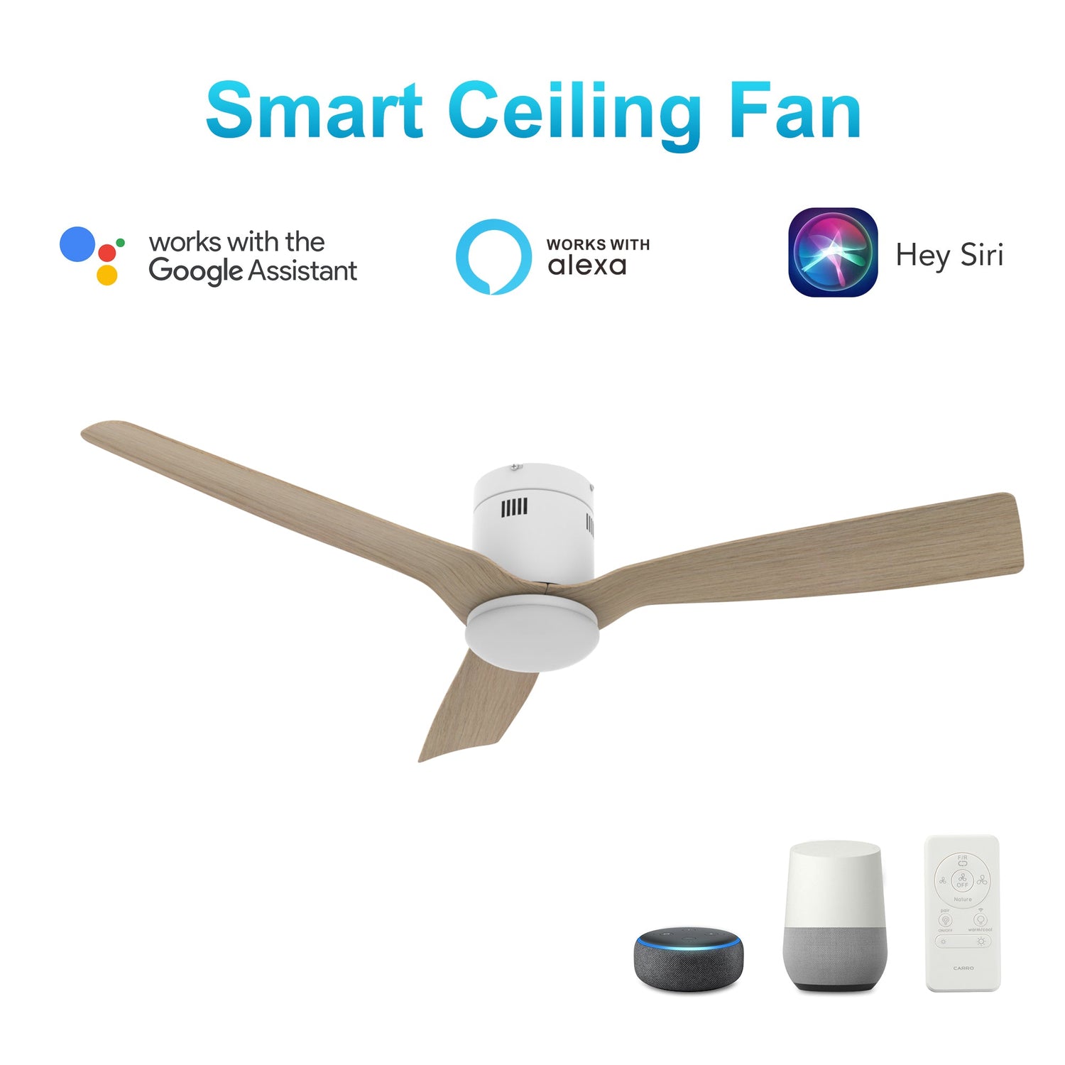 Spezia 52 Inch 3 Blade Flush Mount Smart Ceiling Fan With Led Light Kit Remote White Bamboo Wood