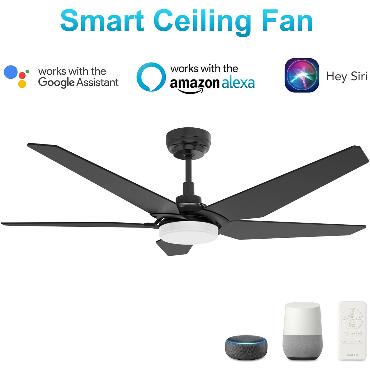 KAJ 52 In 5 Blade Smart Ceiling Fan With Integrated LED Lights With Google Home