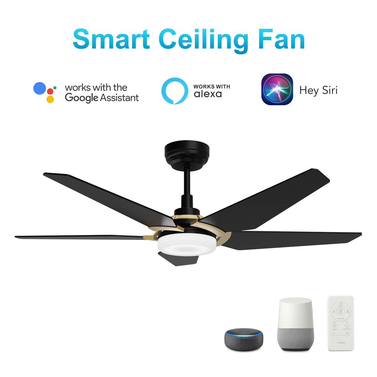 KAJ 52 In 5 Blade Smart Ceiling Fan With Integrated LED Lights With Google Home