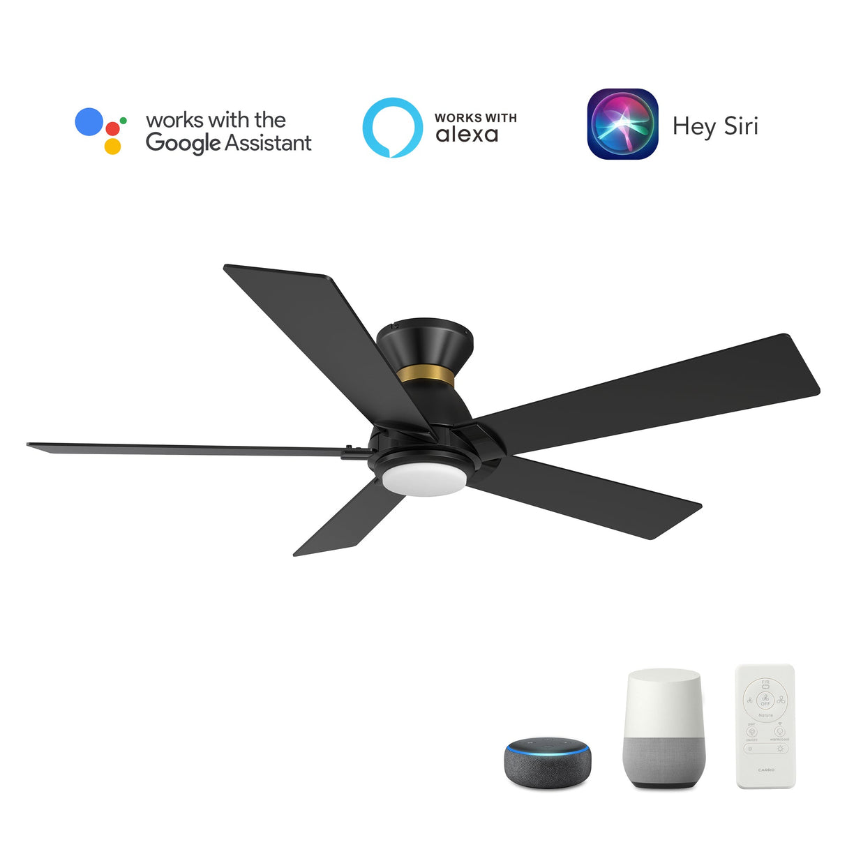 Ascender 52 Inch 5 Blade Flush Mount Smart Ceiling Fan With Led Light Remote Control Black Black Gold Rim