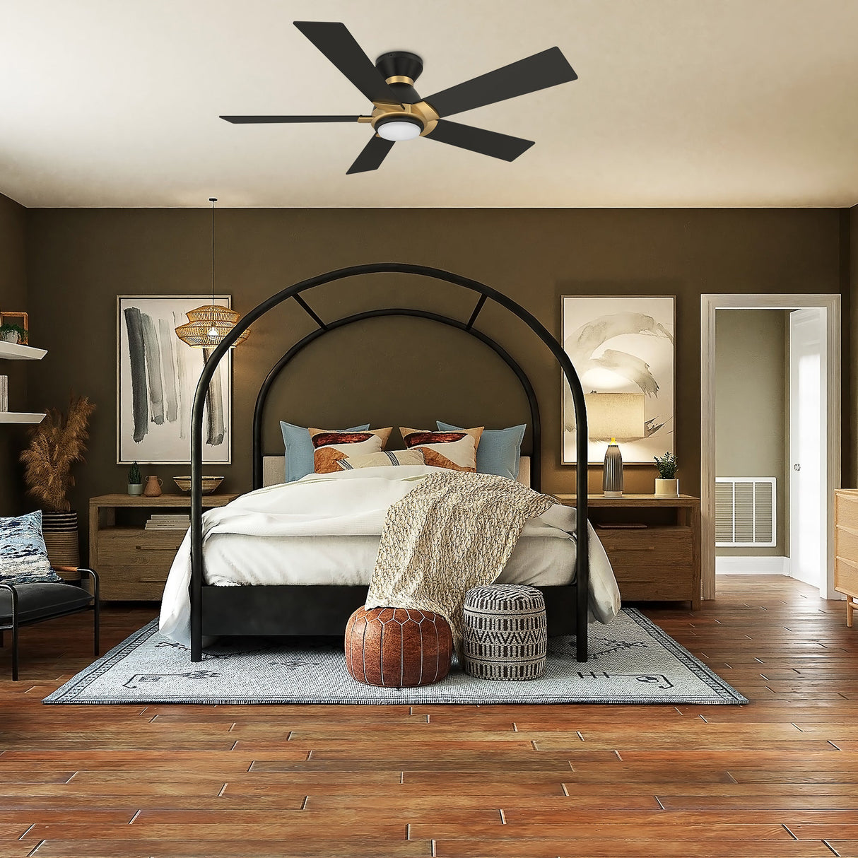 Ascender 52 Inch 5 Blade Flush Mount Smart Ceiling Fan With Led Light Remote Control Black Black Gold Rim