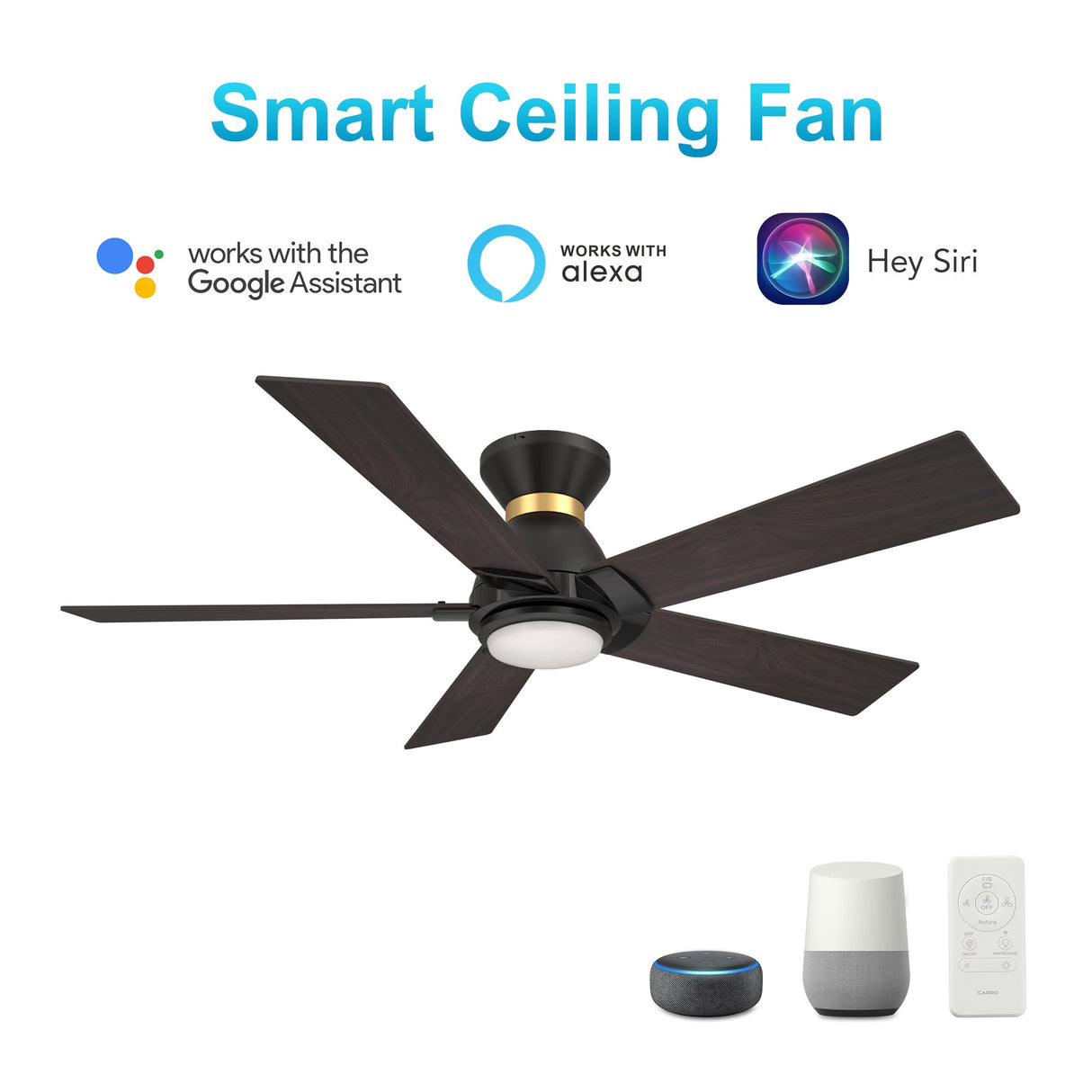Ascender 52 Inch 5 Blade Flush Mount Smart Ceiling Fan With Led Light Remote Control Black Black Gold Rim