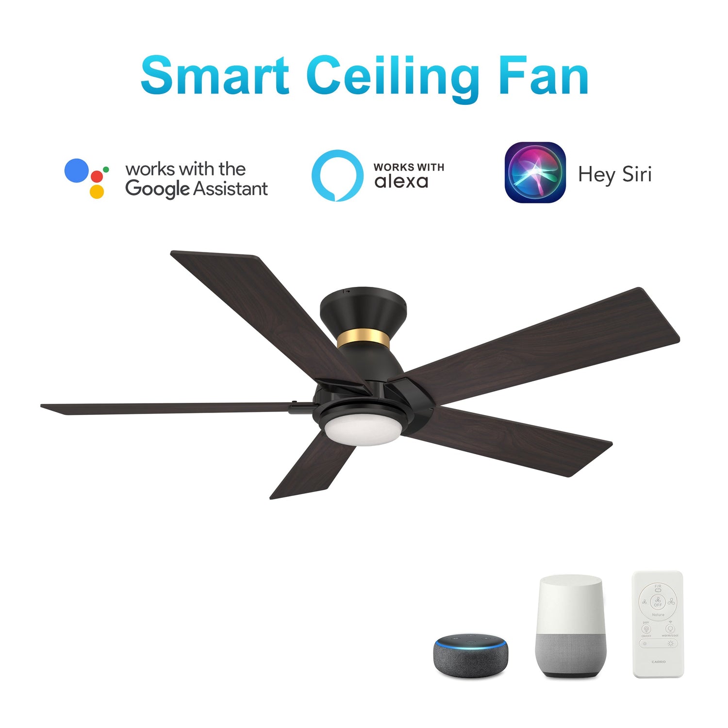 Ascender 52 Inch 5 Blade Flush Mount Smart Ceiling Fan With Led Light Remote Control Black Black Gold Rim