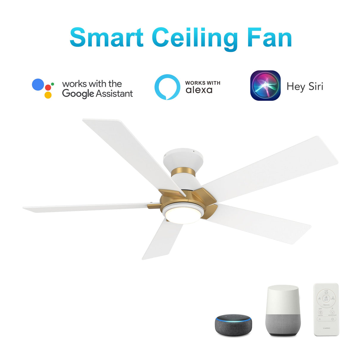 Ascender 52 Inch 5 Blade Flush Mount Smart Ceiling Fan With Led Light Remote Control Black Black Gold Rim