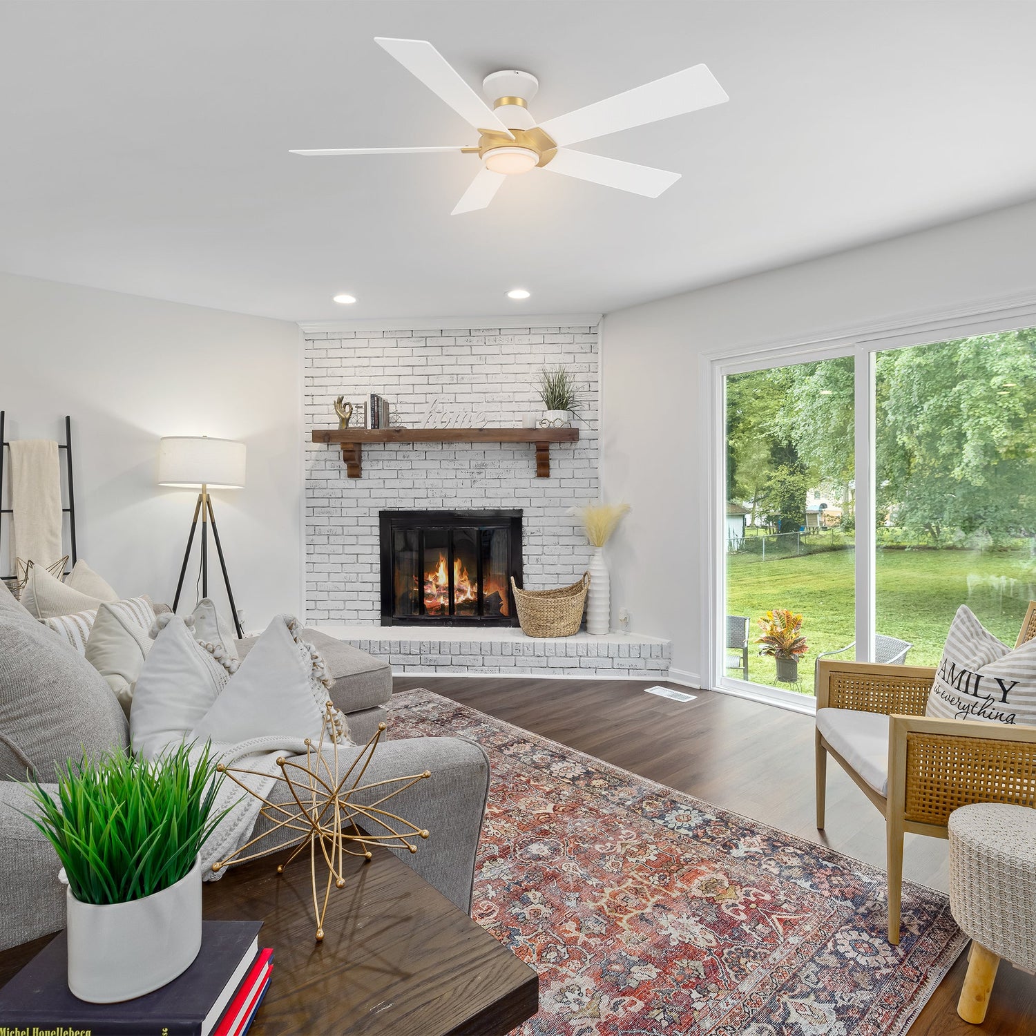 Ascender 52 Inch 5 Blade Flush Mount Smart Ceiling Fan With Led Light Remote Control Black Black Gold Rim