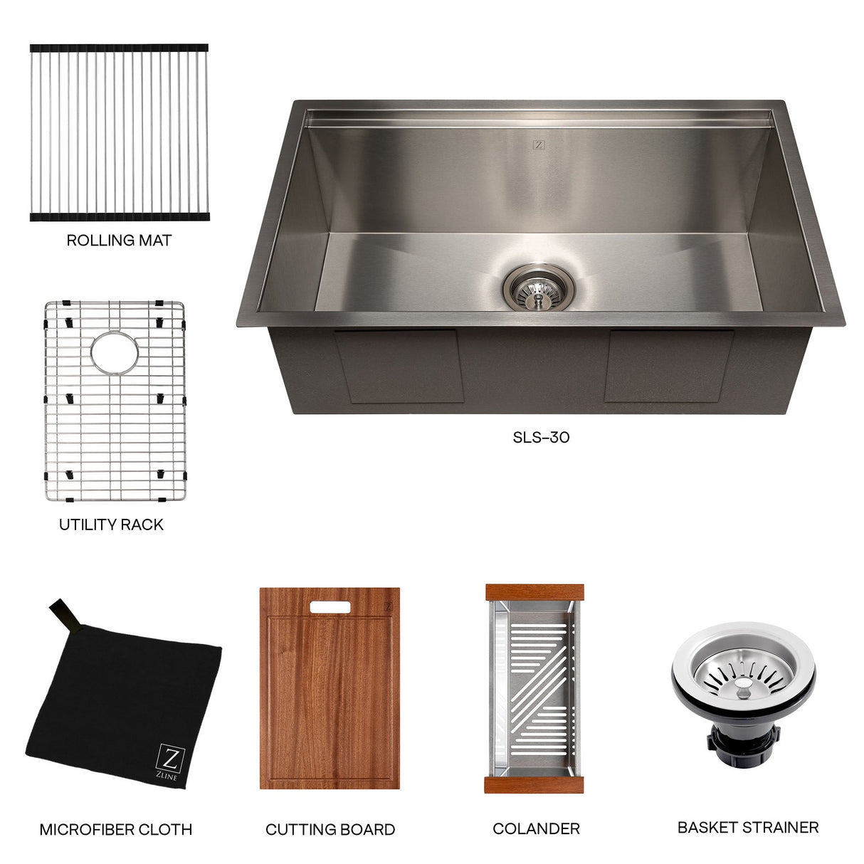 ZLINE 30 in. Garmisch Undermount Single Bowl Stainless Steel Kitchen Sink with Bottom Grid and Accessories (SLS-30)