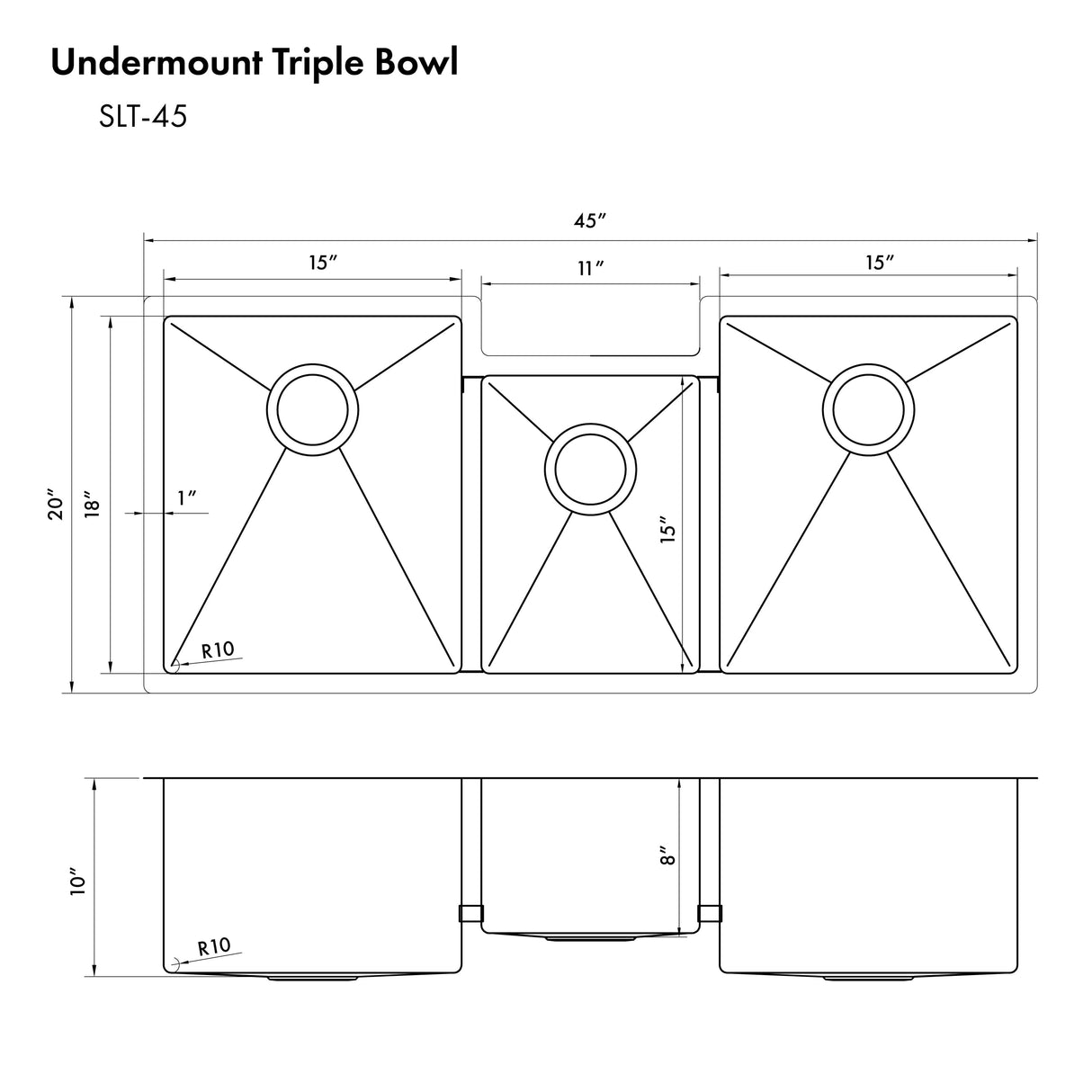 ZLINE 45 in. Breckenridge Undermount Triple Bowl Stainless Steel Kitchen Sink with Bottom Grid and Accessories (SLT-45)