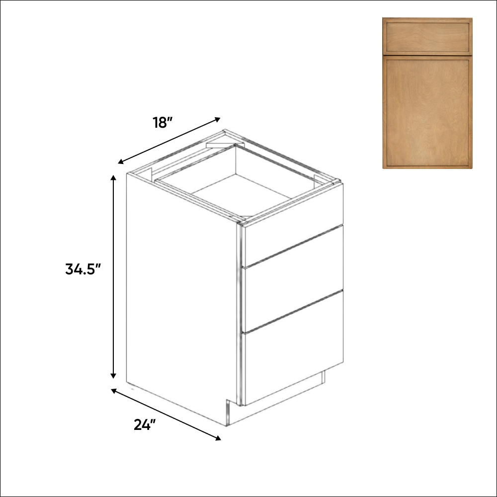 Slim Shaker Karamel - 18 Inch Three Drawer Base Cabinet - 18" Width x 34.5" Height x 24" Depth
